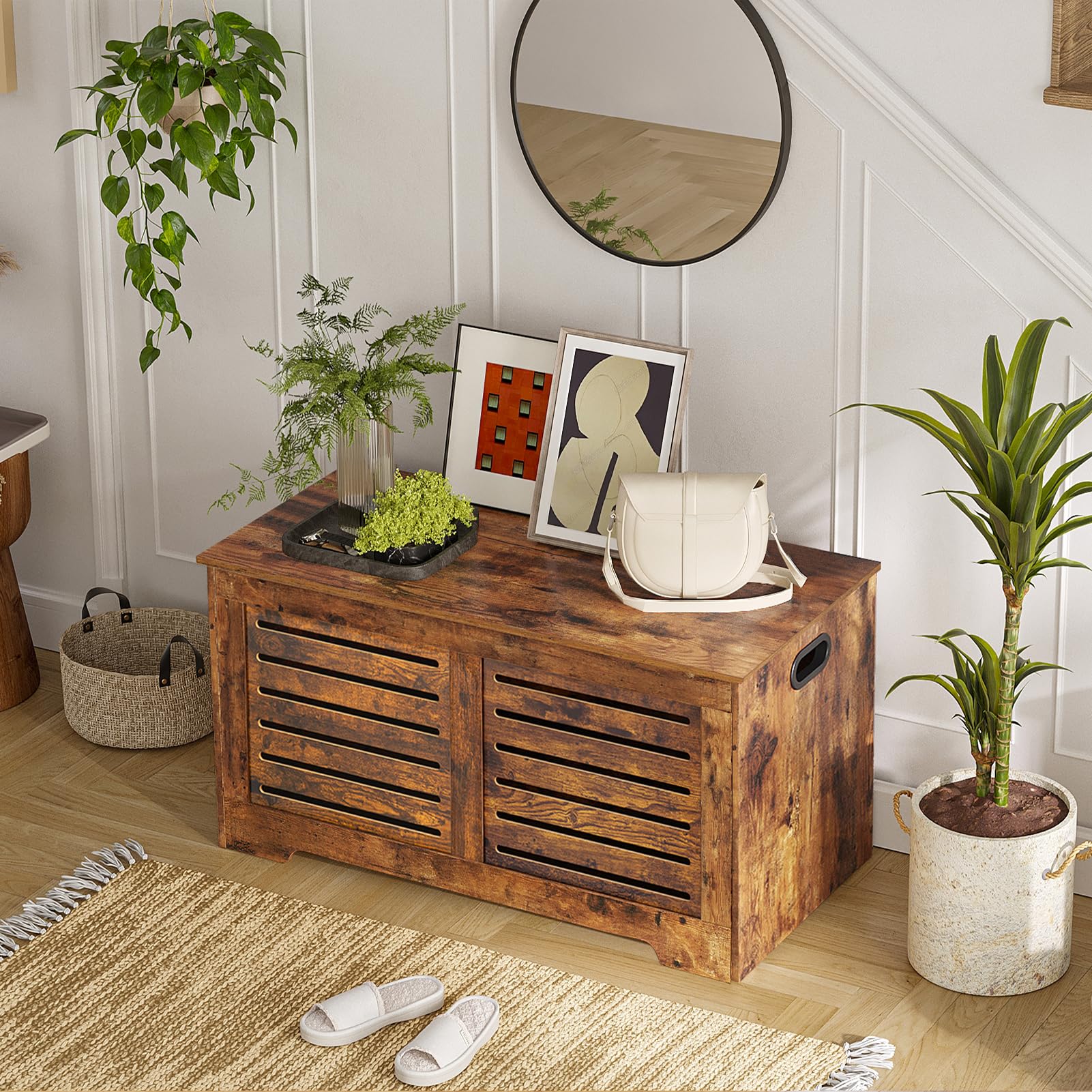 DINZI LVJ Flip-Top Wooden Storage Chest - Rustic Brown Toy Box with Safety Hinges | Entryway Shoe Bench & Living Room Storage Trunk | Easy Assembly for Bedroom, Nursery & Playroom Organization