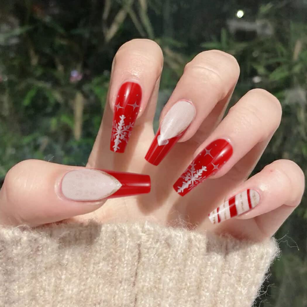Christmas Press on Nails Long Red Glossy Fake Nails with Snowflake Design - 24Pcs Stick on Nails for Women & Girls - Perfect for Holiday Parties, Gift Giving & Festive Nail Art