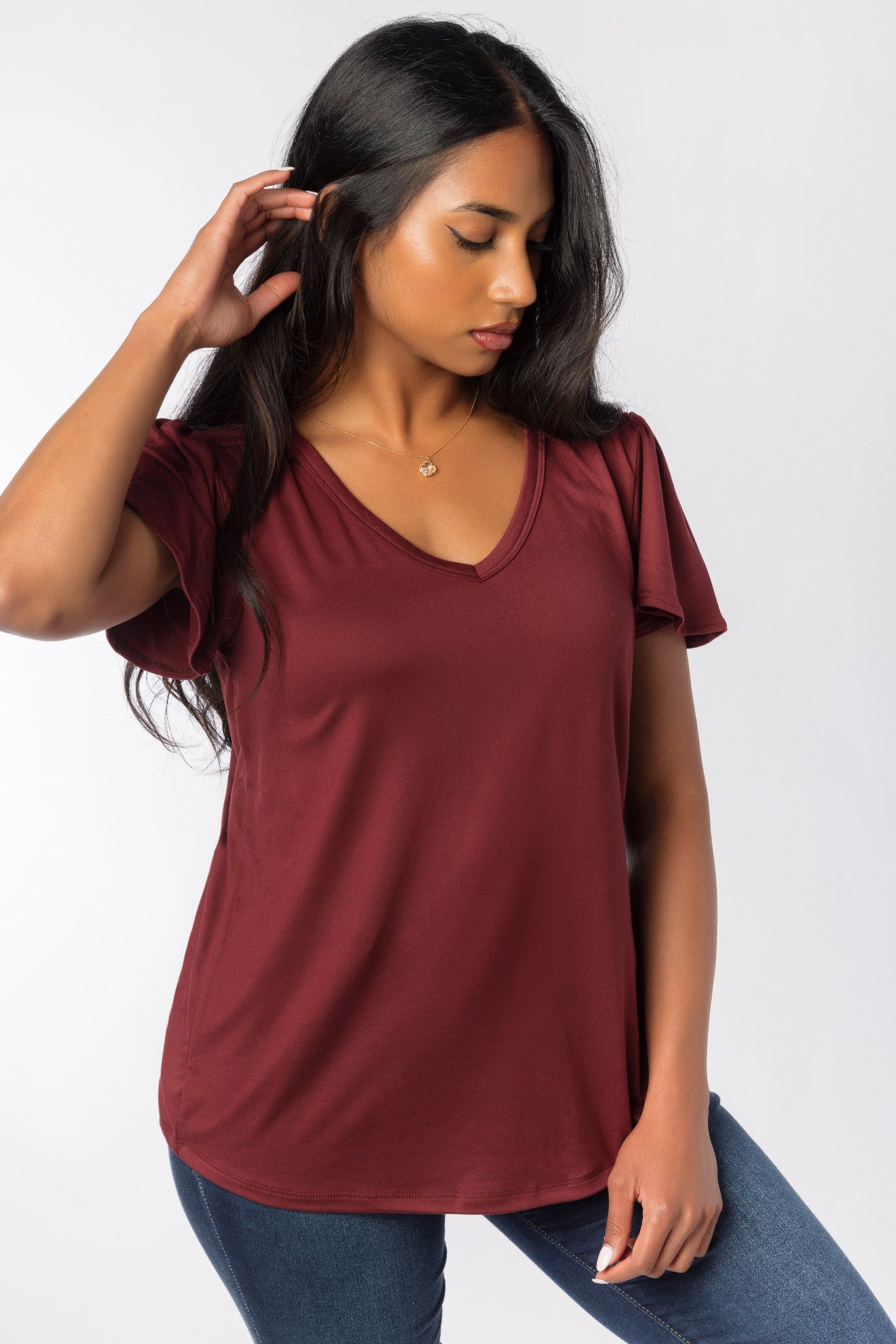 Flutter Sleeve V-Neck Blouse with Ruched Details - Elegant Women's Tops for Work, Date Night & Special Occasions