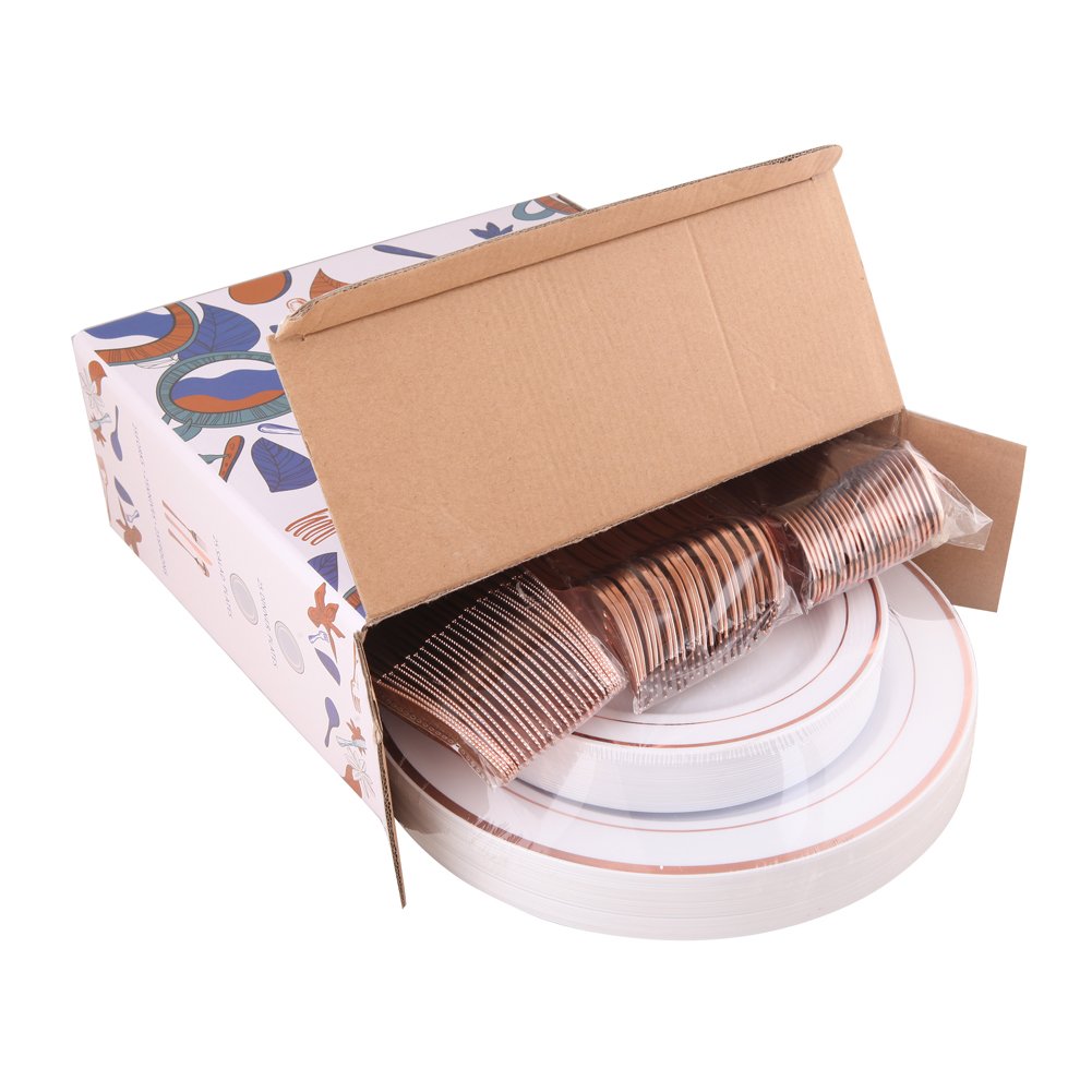 125-Piece Rose Gold Plastic Cutlery Set with Disposable Plates - 25 Dinner Plates, 25 Salad Plates, 25 Forks, 25 Knives & 25 Spoons for Wedding, Party, Picnic, BBQ & Outdoor Events