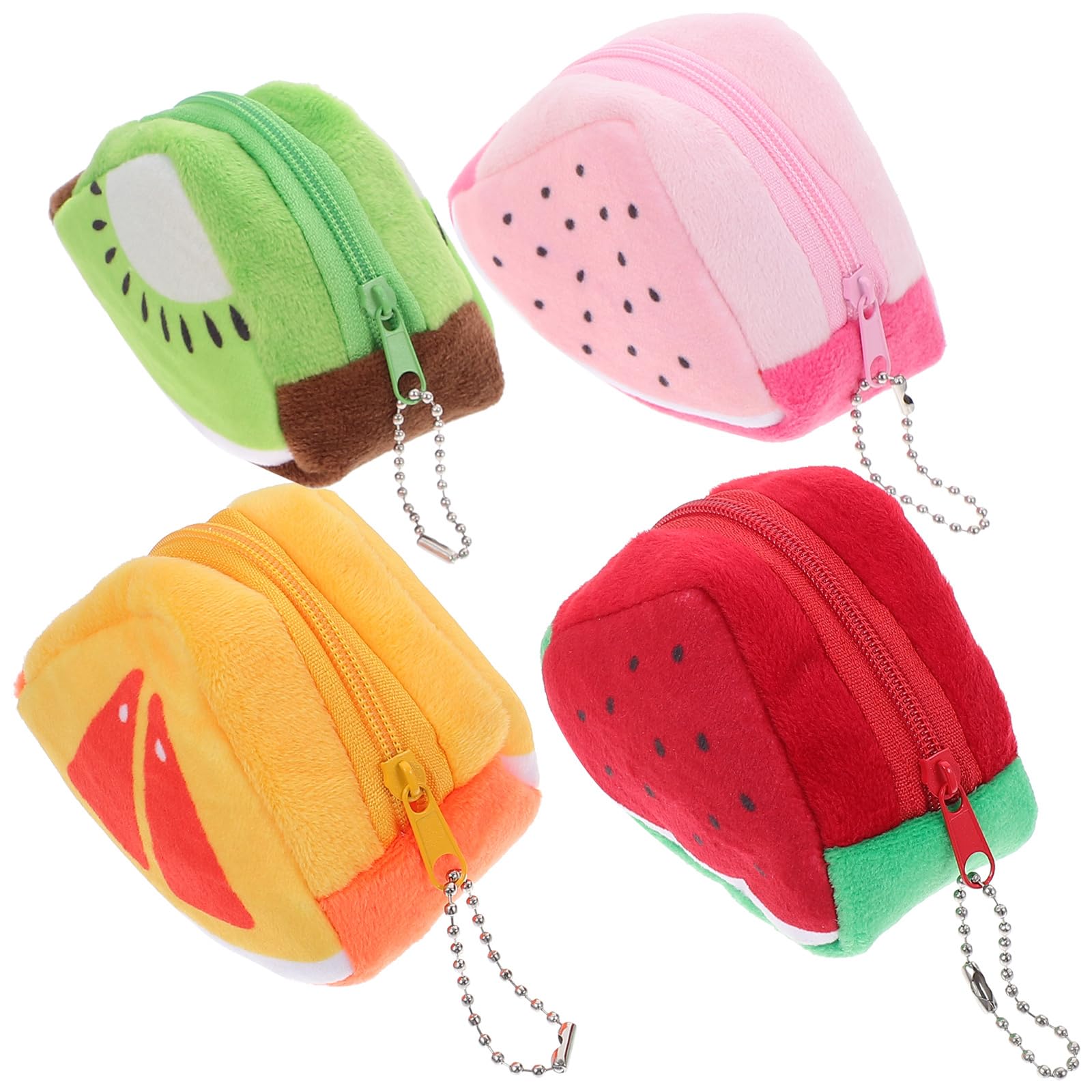 STOBOK 4-Piece Cute Fruit Coin Purse Set - Plush Triangle Wallet with Watermelon, Orange, Dragon Fruit & Kiwi Patterns - Mini Pouch for Kids, Teens & Women - Perfect for School, Travel & Gift Giving