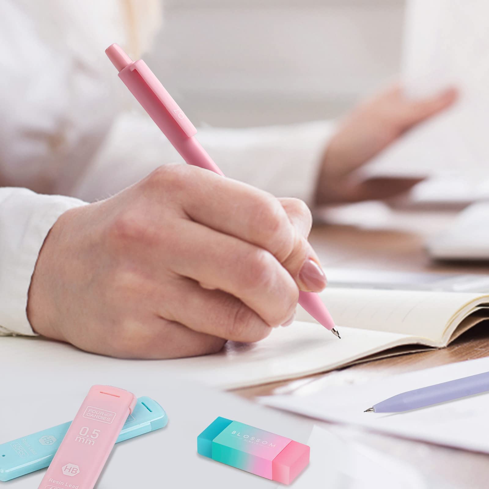 Pastel Mechanical Pencil Set (6PCS) - 0.5mm/0.7mm/0.9mm with 360 Leads, 3 Erasers & 9 Refills - Cute Aesthetic Writing & Drawing Pencils for Girls, Students & Artists - Perfect for School, Office, Sketching & Note Taking
