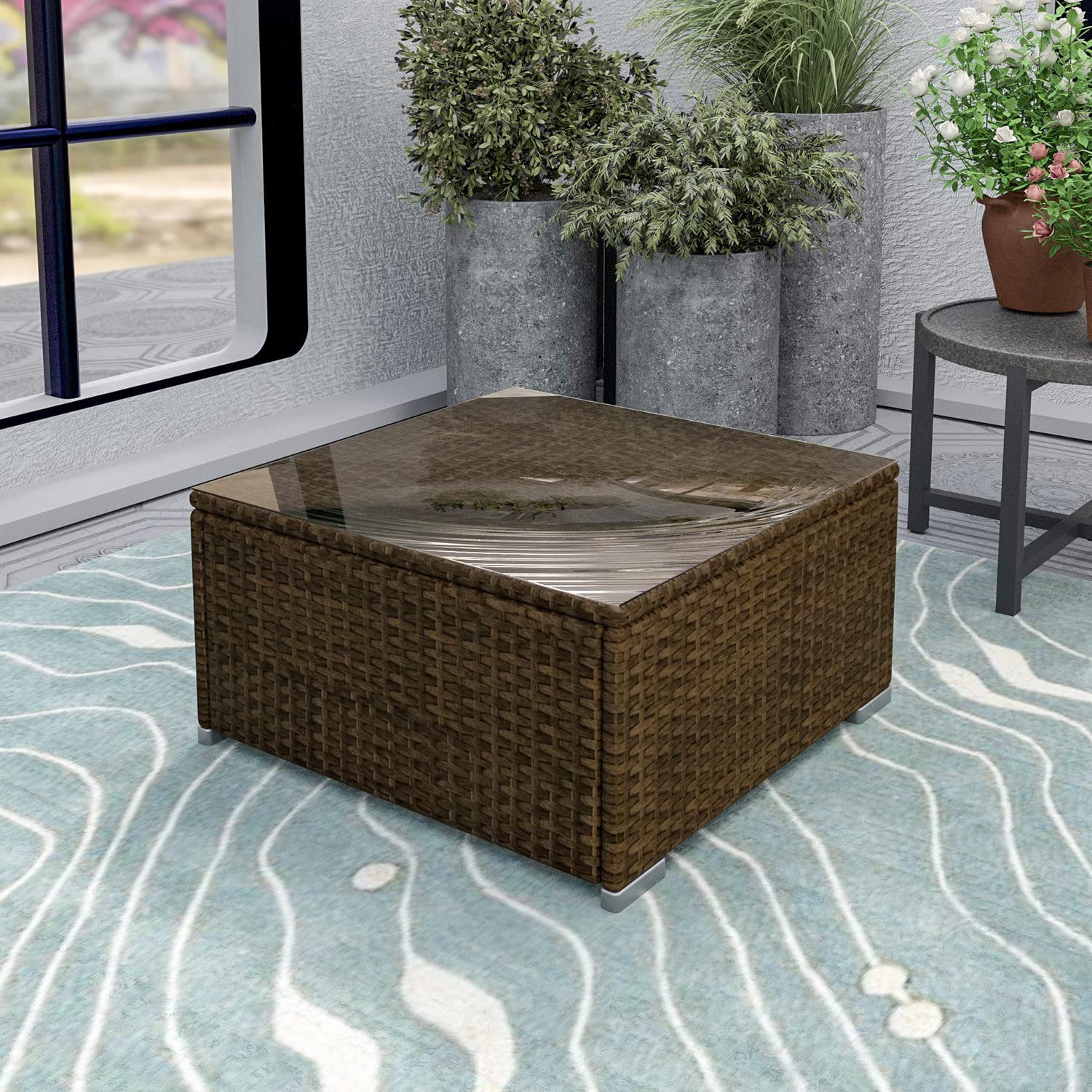 HOMPUS Outdoor Patio Furniture - Brown Wicker Coffee Table for Sectional Sofa Set - Weather-Resistant Rattan Side Table for Garden, Poolside & Backyard Decor