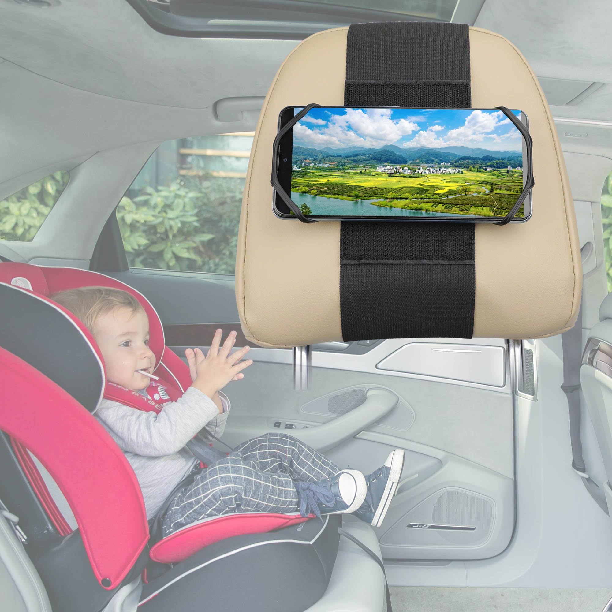Universal Car Headrest Phone Mount Holder - Compatible with 3.5-7 Inch Smartphones & Devices, Soft Silicone Backseat Phone Stand for Kids (Black) | Perfect for Road Trips, Family Travel & Entertaining Children in the Car