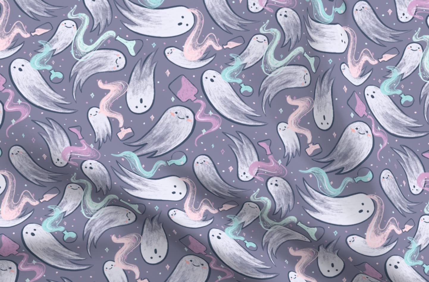 Whimsical Halloween Ghost Pastel Printed Satin Fabric by The Yard - Premium Spoonflower Material for Sewing, Lining, Apparel, Fashion, Blankets & Home Decor - Perfect for DIY Costumes, Quilts, Curtains and Party Decorations
