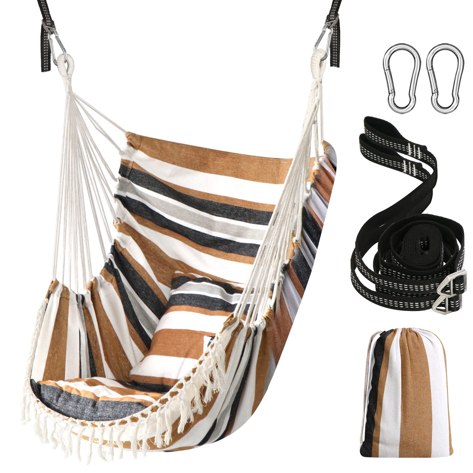 Chihee Hammock Chair with 2 Pillows - Heavy Duty Webbing Straps & Hooks for Easy Installation - Soft Cotton Hanging Swing Chair with Side Pocket & Tassel Decor - Indoor/Outdoor Use for Patio, Garden, Bedroom or Nursery - Brown Striped Design