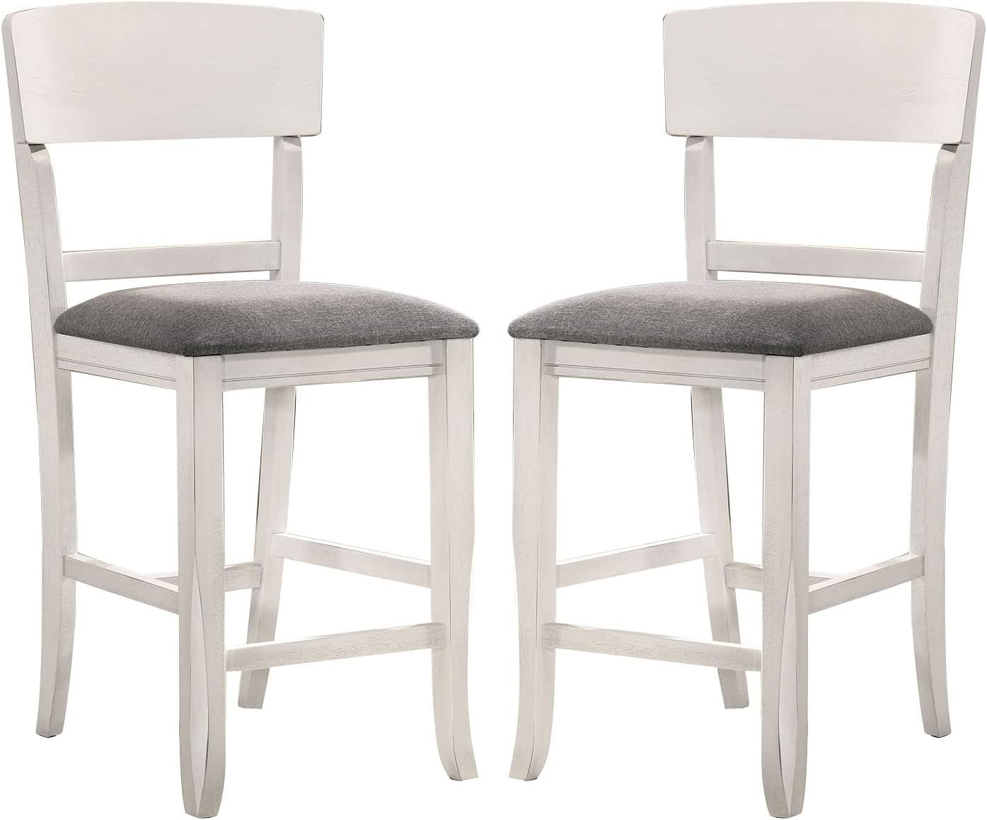 Modern Counter Height Dining Chairs Set of 2 - White Solid Wood with Gray Padded Fabric Seat - Perfect for Kitchen Islands, Breakfast Nooks & Small Space Dining Areas