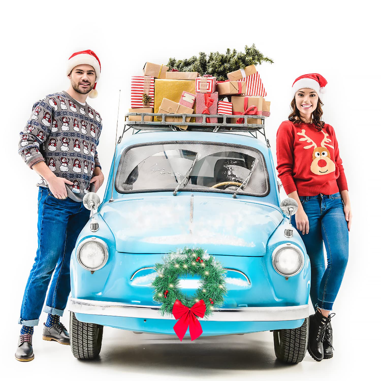 Christmas Car Decoration Wreath with Lights - Festive Holiday Auto Accessory for Car, Truck, SUV - Includes Mounting Kit - Perfect for Road Trips & Holiday Parades