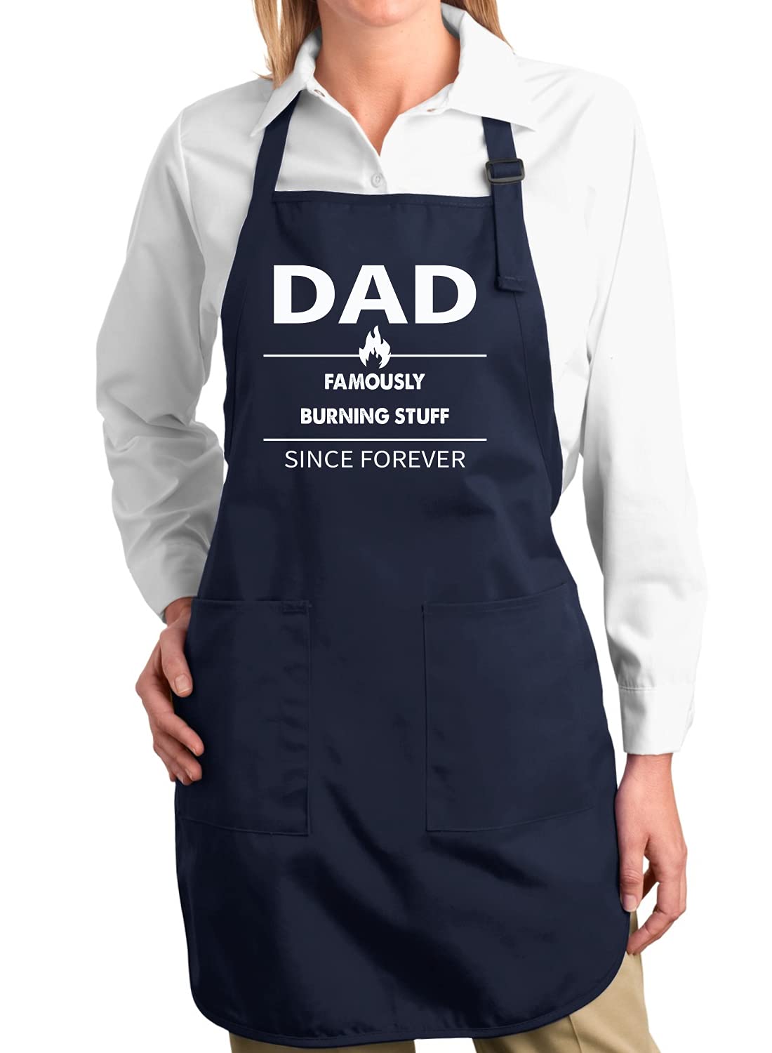 Funny BBQ Grilling Apron for Dad - 'Famously Burning Stuff Since Forever' Graphic Kitchen Cooking Apron with Pockets, Navy Blue, One Size - Perfect for Father's Day Gifts, Backyard Grilling & Cooking Enthusiasts