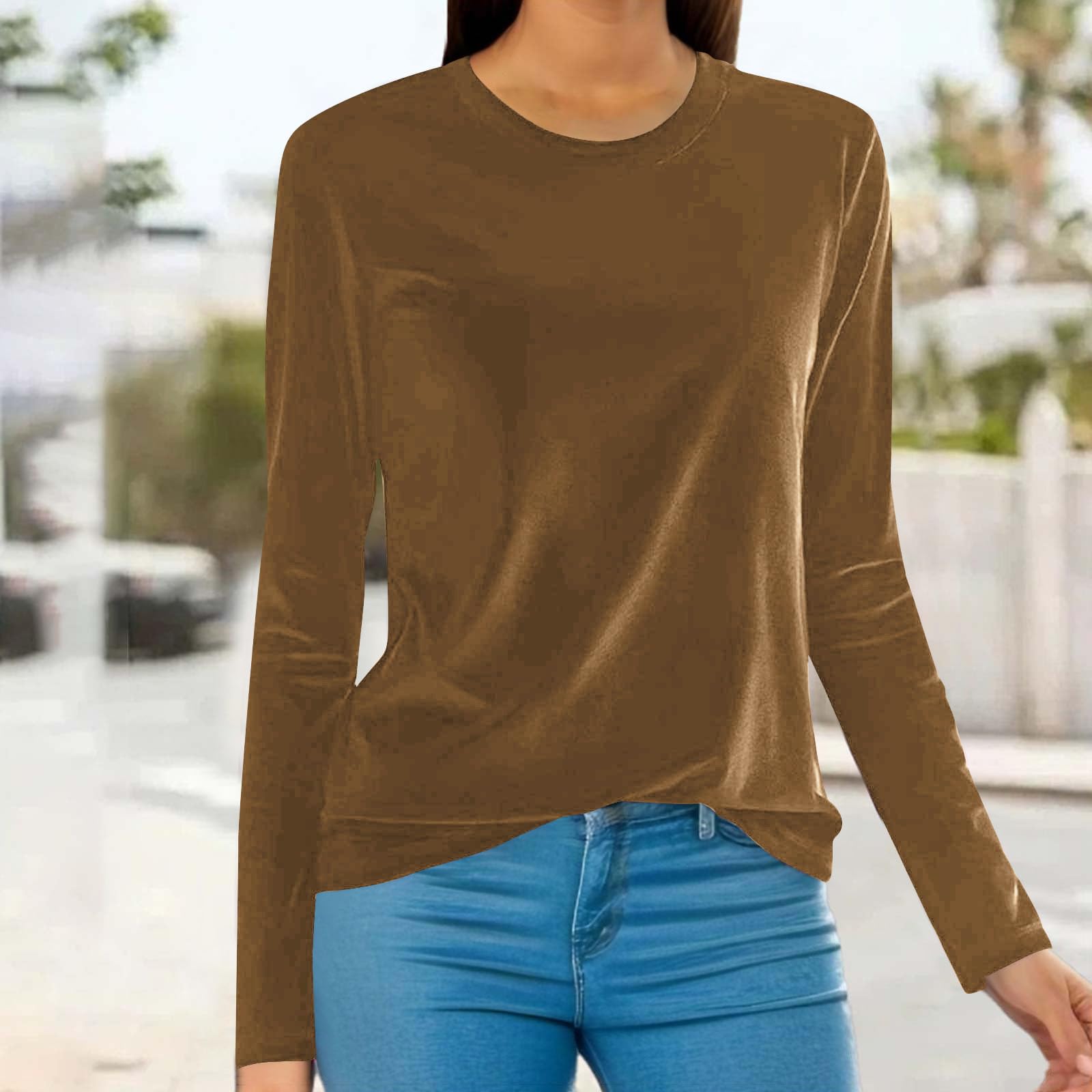 2024 Fashion Women's Fall Long Sleeve Velvet Shirt - Elegant Crew Neck Solid Color T-Shirt for Casual Wear, Office Outfits & Going Out Tops
