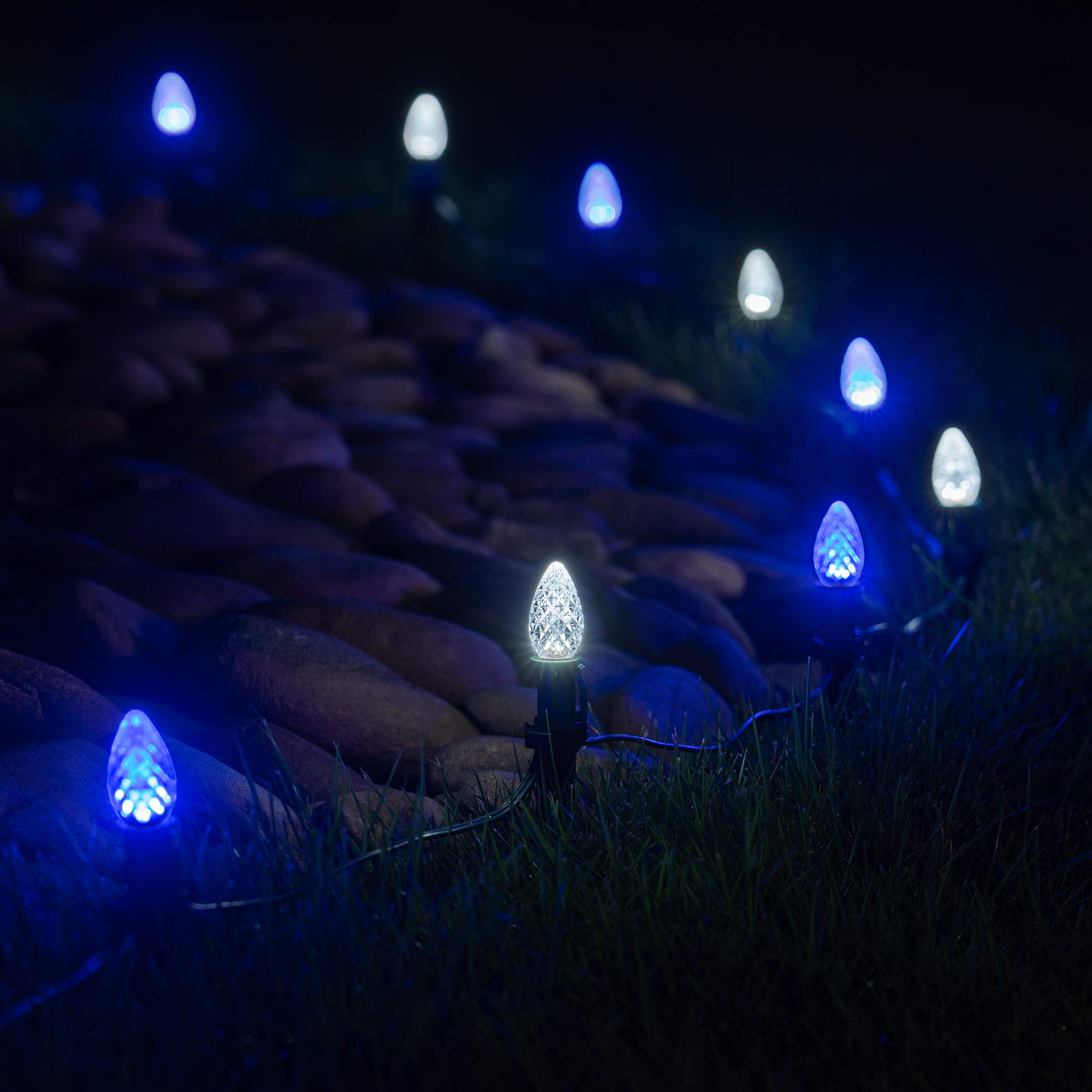Wintergreen Lighting 50ft OptiCore LED C7 Blue & White Christmas Pathway Lights - Outdoor Landscape Lighting with 4.5