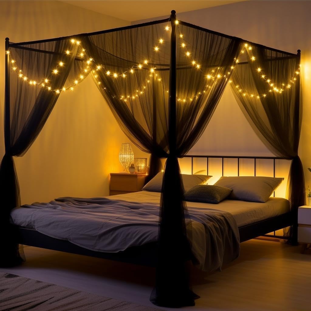 Elegant Mosquito Net Bed Canopy with 200 LED Star Lights - 4 Corner Post Curtains for Full/Queen/King Size Beds | Includes Hooks & Ropes | Perfect for Romantic Bedrooms, Outdoor Camping, and Nursery Protection