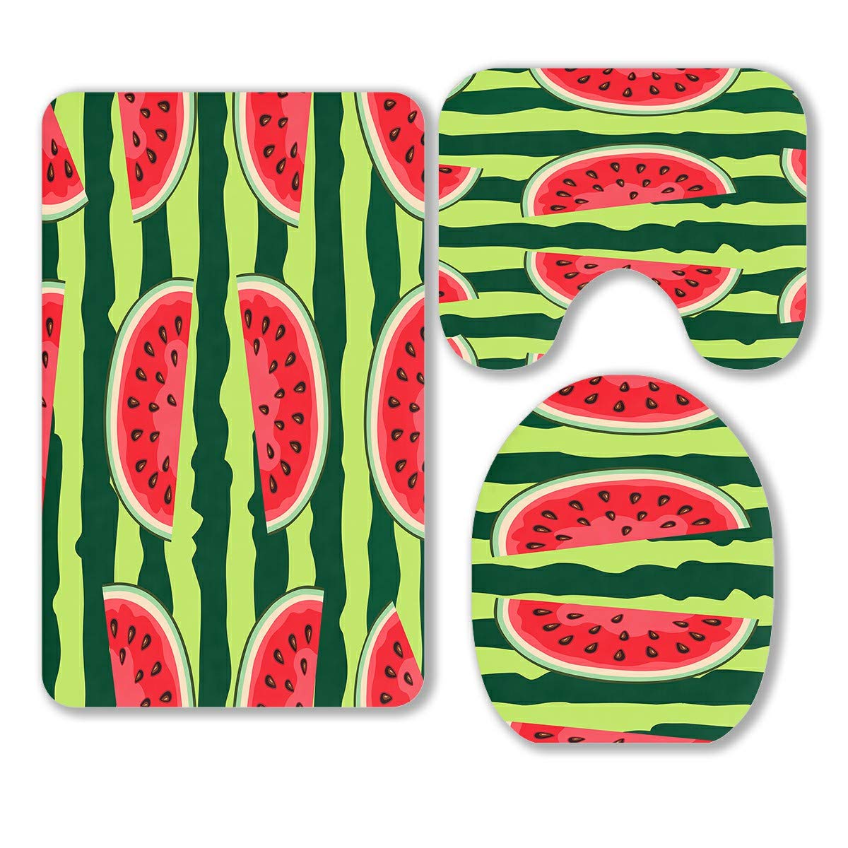 ABPHQTO 3-Piece Watermelon Bathroom Rug Set - Non-Slip Red Watermelon Slice on Striped Green Bath Mat, Contour Mat & Toilet Lid Cover | Soft Absorbent Microfiber for Bath, Shower & Vanity Areas
