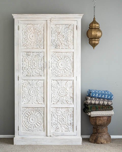 Hand Carved Solid Wood Charika Armoire - Traditional Indian Wardrobe with Mirror & Storage | Perfect for Bedroom, Living Room & Guest Room Organization