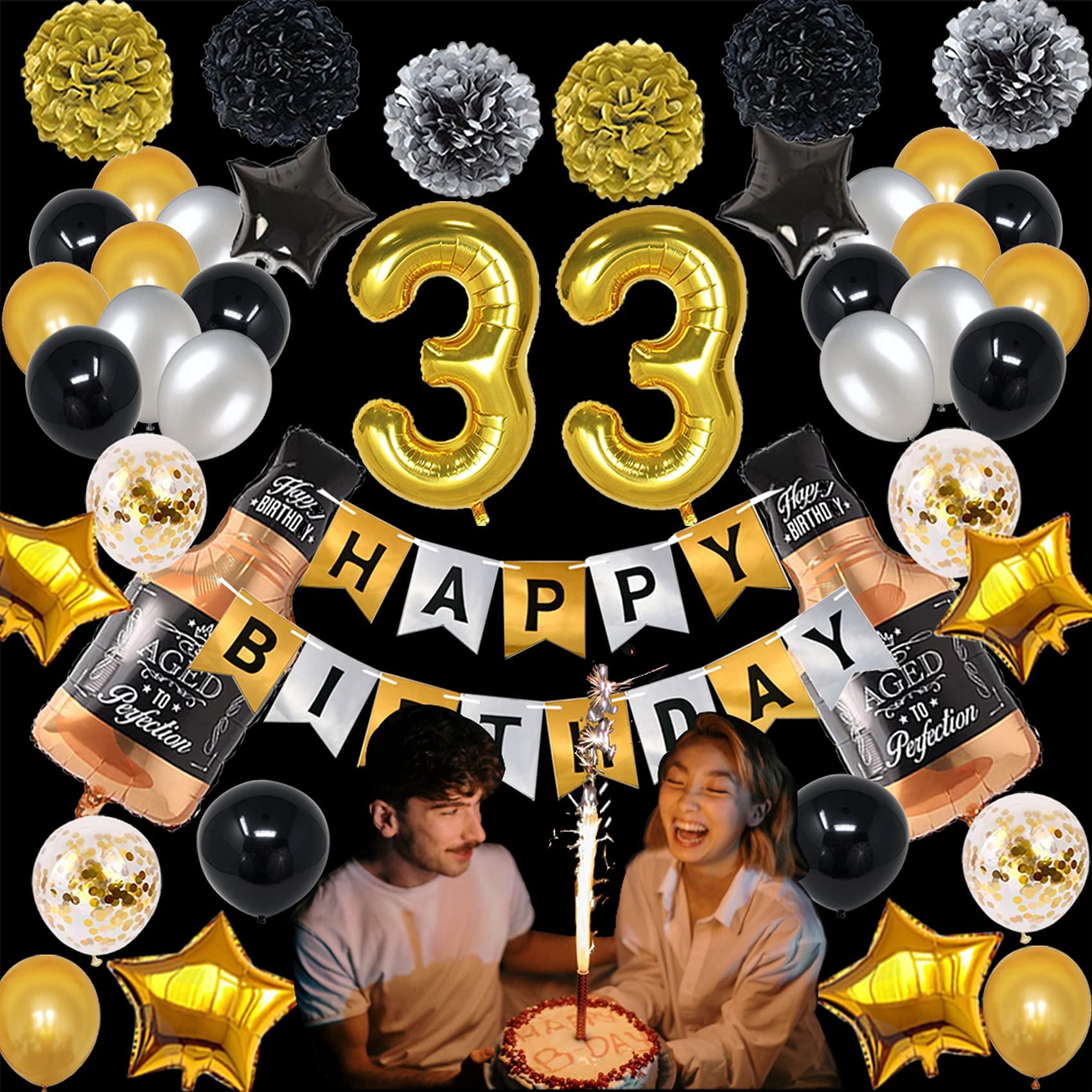 33rd Birthday Party Decorations Set - Gold & Black Theme for Men & Women - Includes 33 Gold Number Balloons & Happy Birthday Banner | Perfect for Milestone Birthday Celebrations, Adult Parties & Anniversary Decor