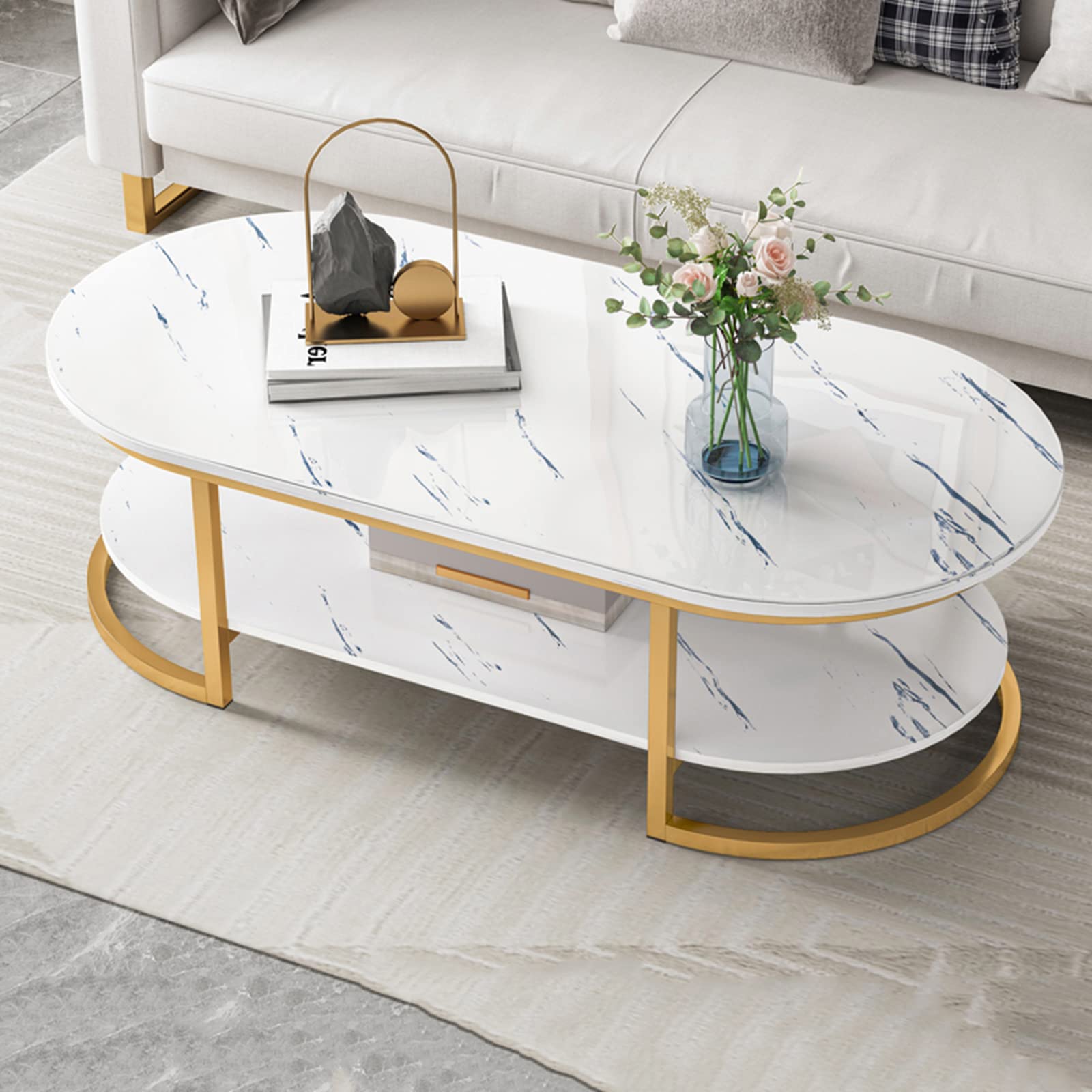 Modern Round Rectangle Coffee Table with Storage - Gold Metal Legs & White Marble Texture Top (47.24x23.62x17.71in) - Perfect for Living Room, Lounge & Small Spaces