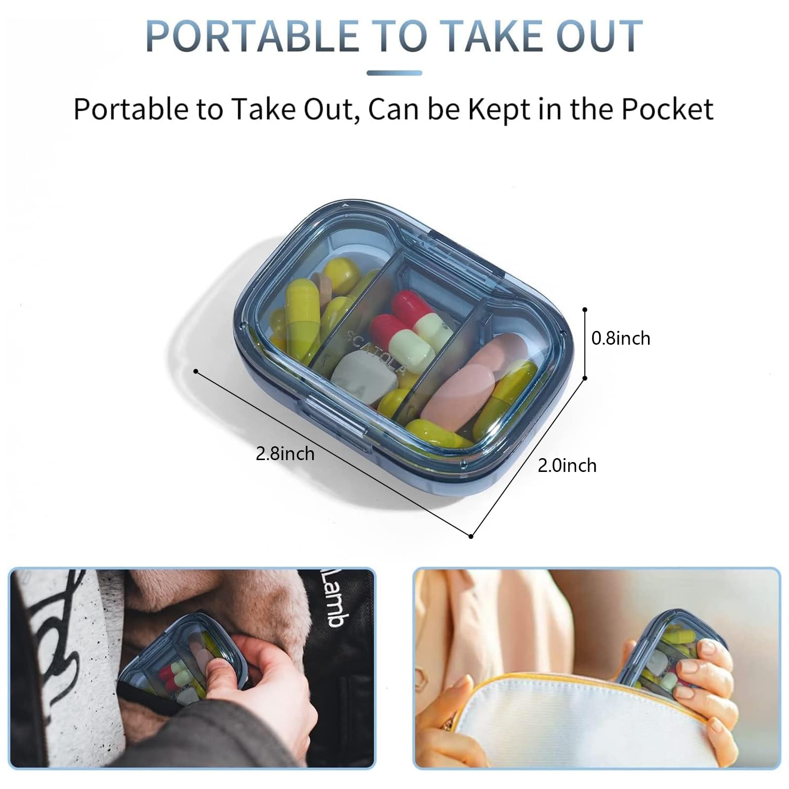 3 Compartment Pill Organizer - Moisture Proof Travel Pill Case for Vitamins, Fish Oil & Supplements | Portable Medicine Box for Daily Use, Pocket Purse & On-the-Go Lifestyle