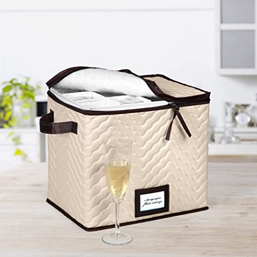 12-Slot Champagne Flute Storage Box - Durable Microfiber Stemware Organizer with Dividers & Carry Handles - Protects Crystal, Wine Glasses & Fine China - Perfect for Home Bar, Wedding Gifts & Party Glassware Storage