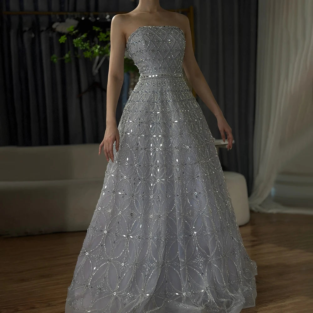 Elegant Beaded Long Evening Dresses for Women - Luxury Dubai Arabic Gray A-Line Gowns for Prom, Wedding & Formal Occasions | LA72755