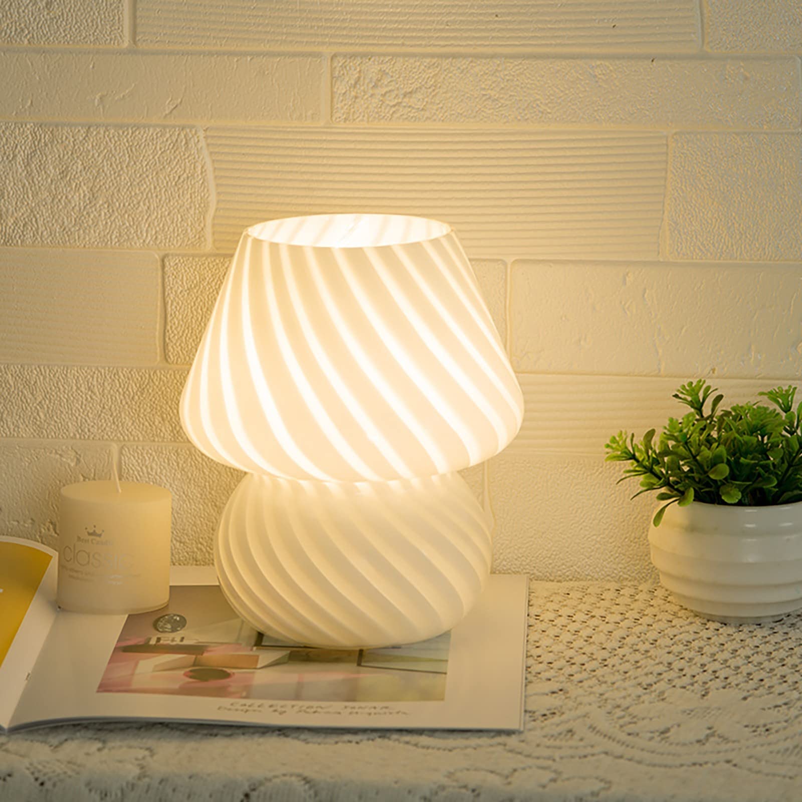Mushroom Night Light - USB Powered Glass Table Lamp for Bedroom, Nightstand, Home Decor, Party & Photo Props - Striped White Design - Perfect for Kids' Rooms, Nursery, and Cozy Ambiance Lighting
