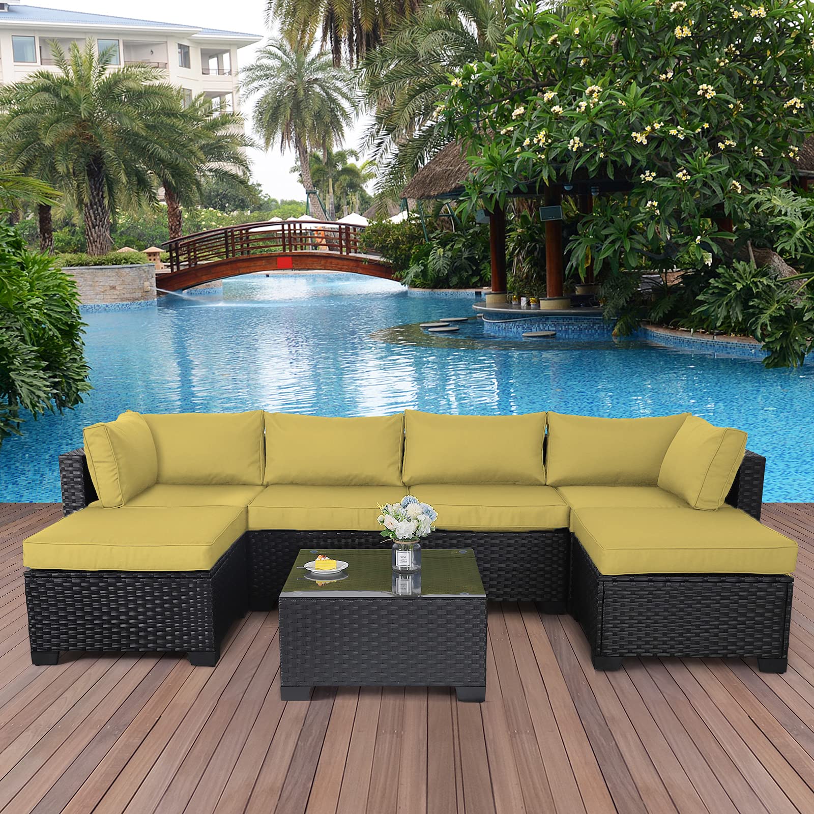 7-Piece Outdoor PE Wicker Patio Furniture Set - Rattan Sectional Conversation Sofa with Olive Green Cushions & Glass Top Table - Perfect for Garden, Poolside, and Backyard Relaxation