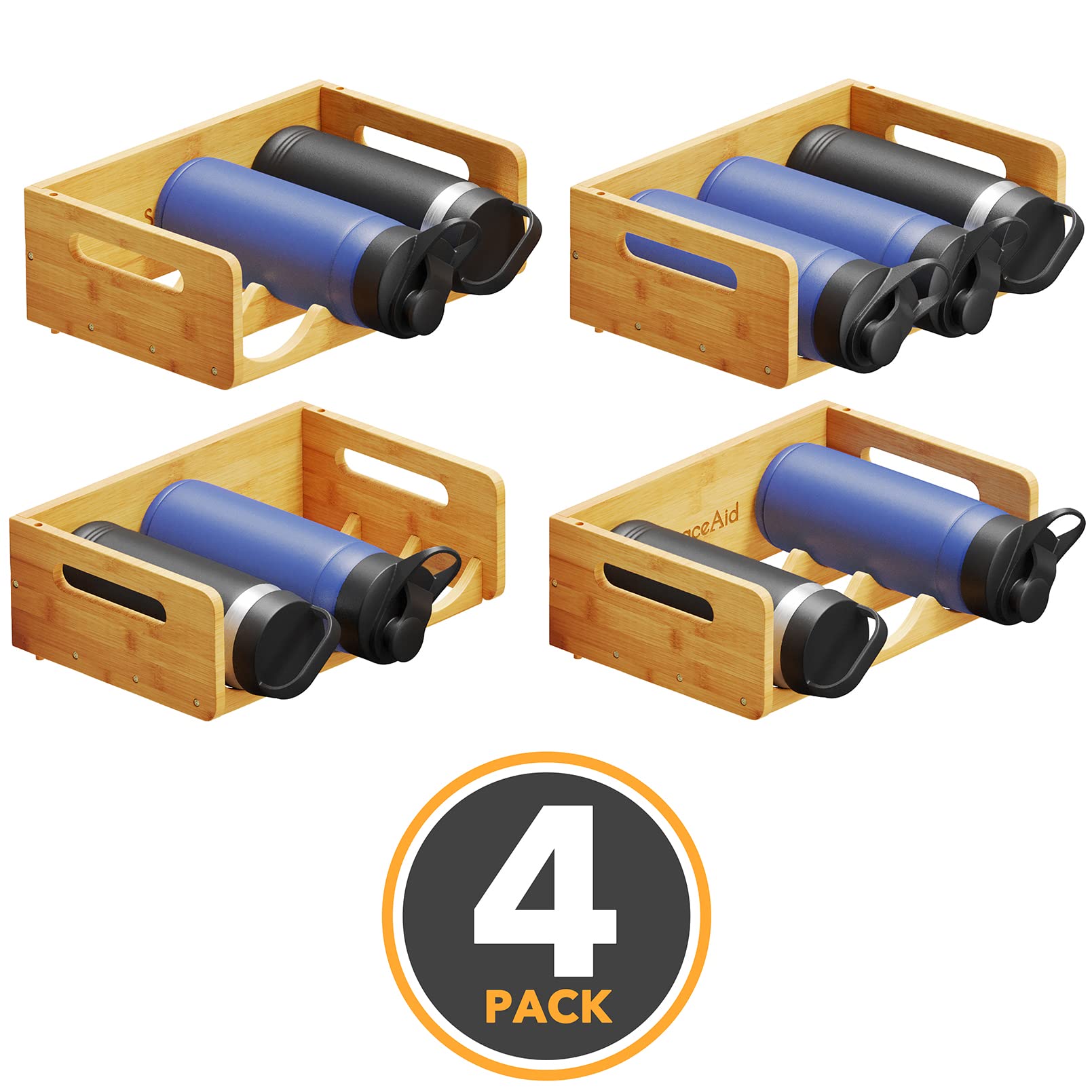 SpaceAid 4-Pack Bamboo Water Bottle Organizer with Labels - 3-Slot Kitchen Pantry Storage Rack for Cabinets, Holds 12 Bottles - Perfect for Organizing Cups, Wine Bottles & Drinkware in Home, Office or RV