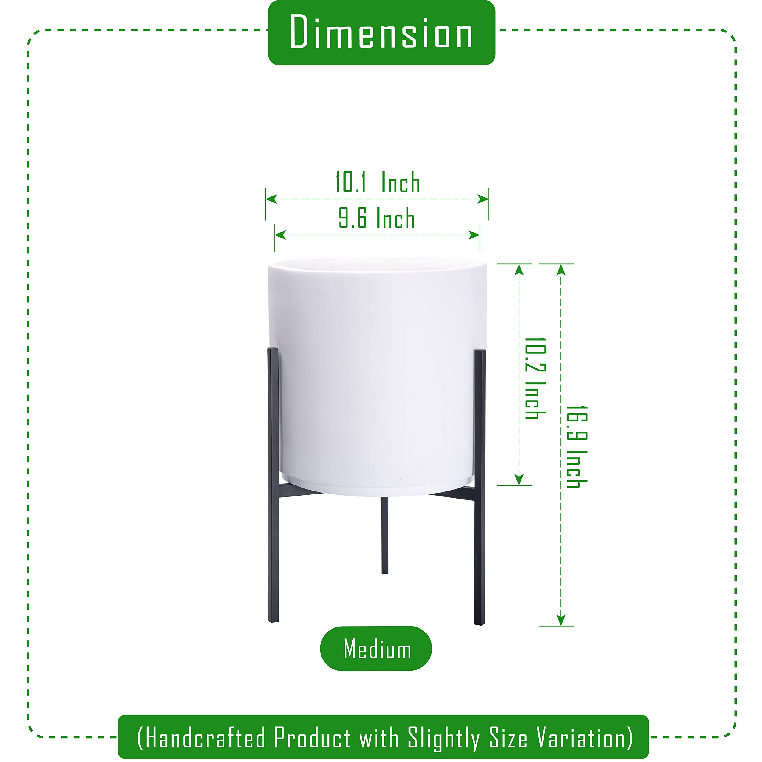 Modern White Cylinder Planter with Heavy Duty Stand - 10 Inch Medium Plant Pot, 16.3 Inch Height - Indoor/Outdoor Home Decor for Living Room, Office, Garden & Patio