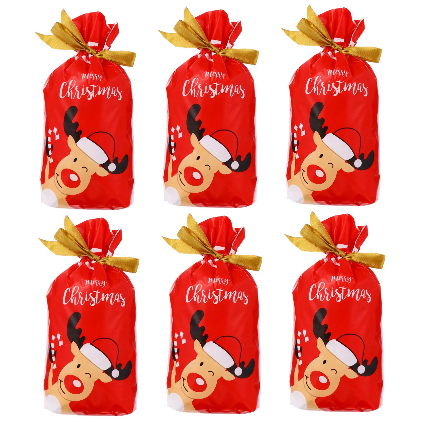 50pcs Merry Christmas Treat Bags - Red Xmas Deer Plastic Drawstring Gift Bags for Candy, Cookies & Goodies | Holiday Party Favors, Stocking Stuffers & Gift Wrapping