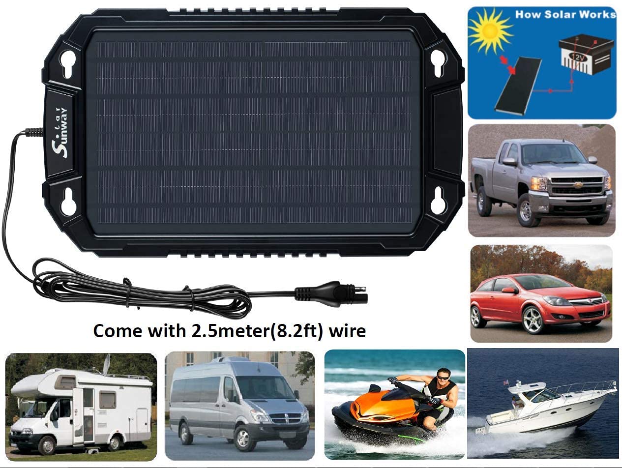 Sunway 12V 8W Solar Car Battery Trickle Charger & Maintainer - Waterproof Portable Solar Panel Power Kit for Automotive, RV, Boat, Motorcycle, Trailer, Tractor - Ideal for Outdoor, Camping & Emergency Power Backup