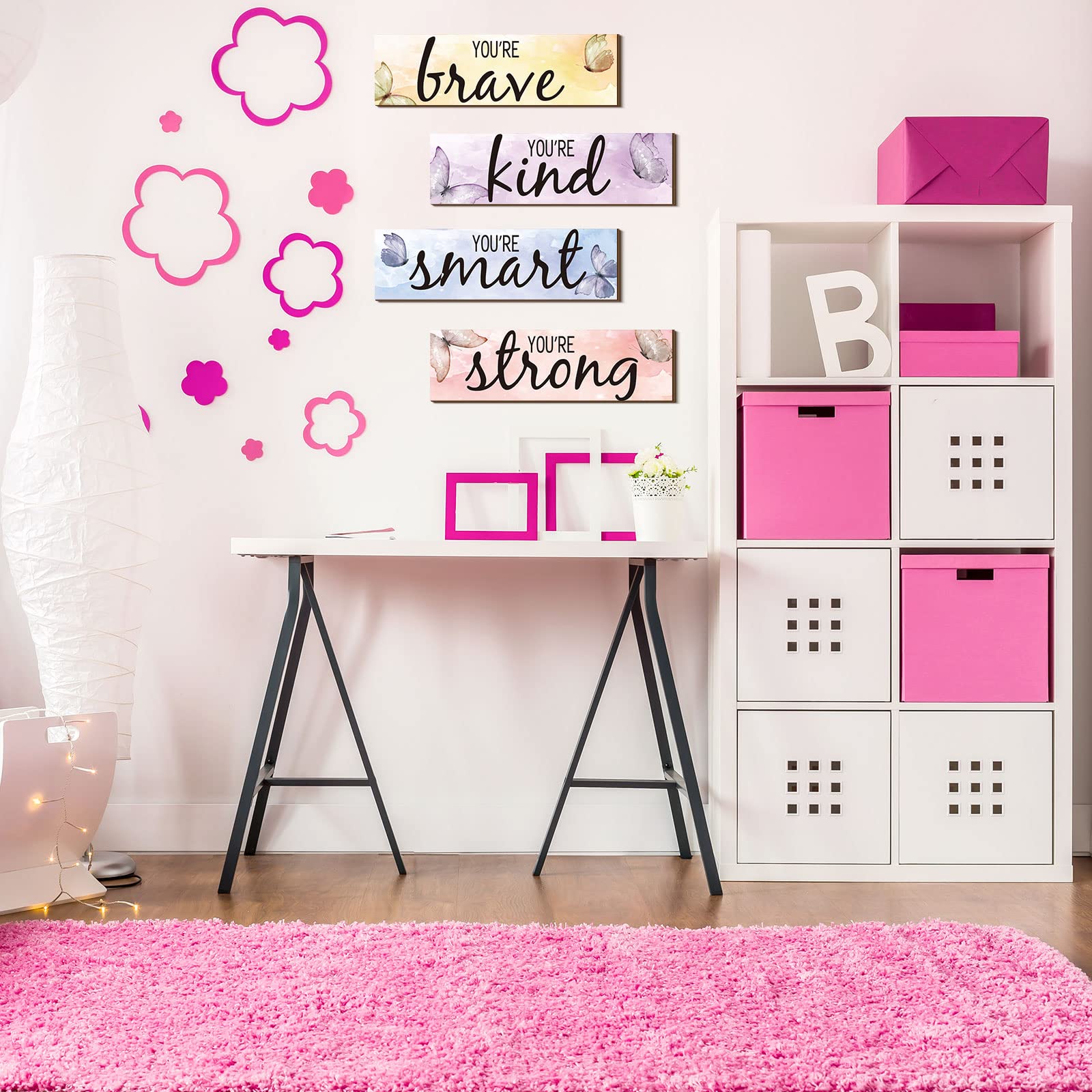 4-Piece Butterfly Inspirational Quote Wooden Wall Art - Motivational Home Decor for Women & Girls - Rustic Room Signs for Bedroom, Office, Nursery & Living Room - Perfect for Gifts & Home Decoration