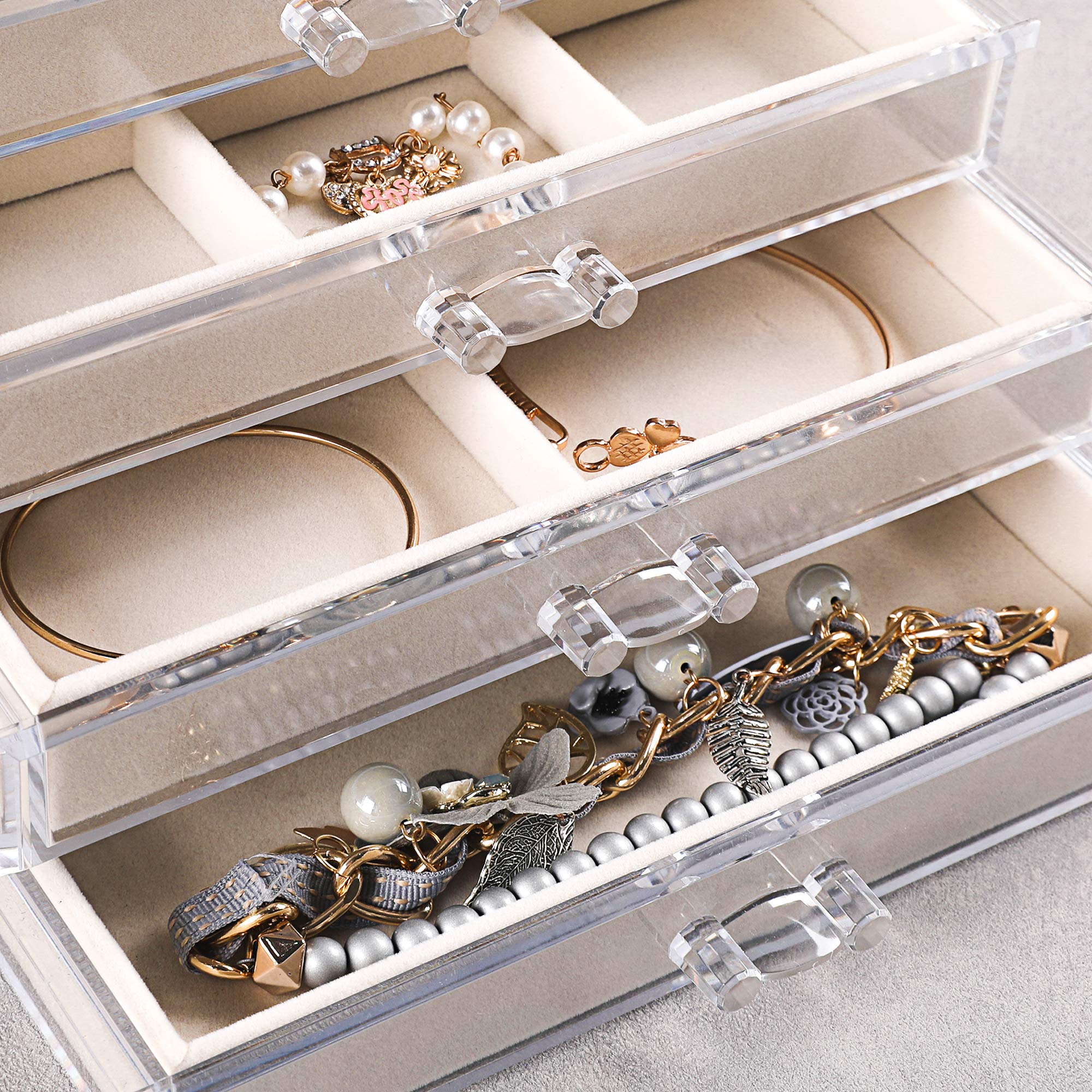 Frebeauty Extra Large 5-Layer Acrylic Jewelry Organizer Box with Drawers - Clear Velvet Display Case for Earrings, Rings, Necklaces - Perfect for Women's Jewelry Storage & Vanity Organization (Beige) | Ideal for Bedroom, Bathroom & Travel Jewelry Storage