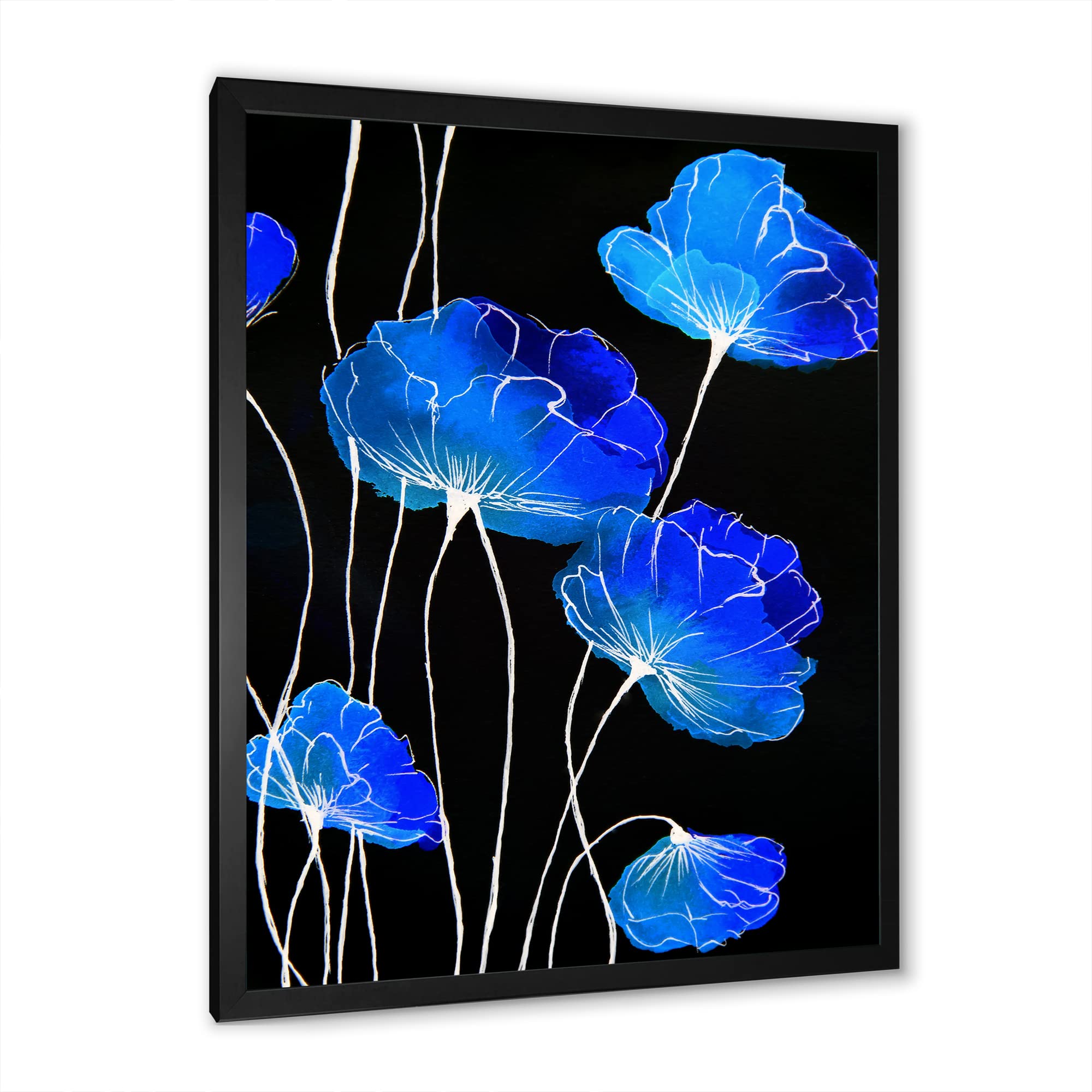 Blue Flowers on Black II - Traditional Framed Wall Art Painting - Home & Office Decor for Living Room, Bedroom, Dining Area