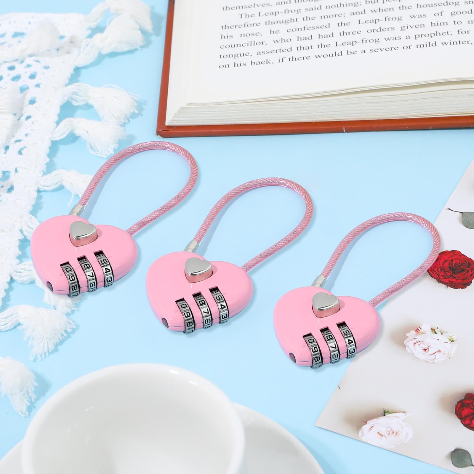 3-Pack Pink 3-Digit Combination Padlock - Mini Heart-Shaped Lock with 4.13