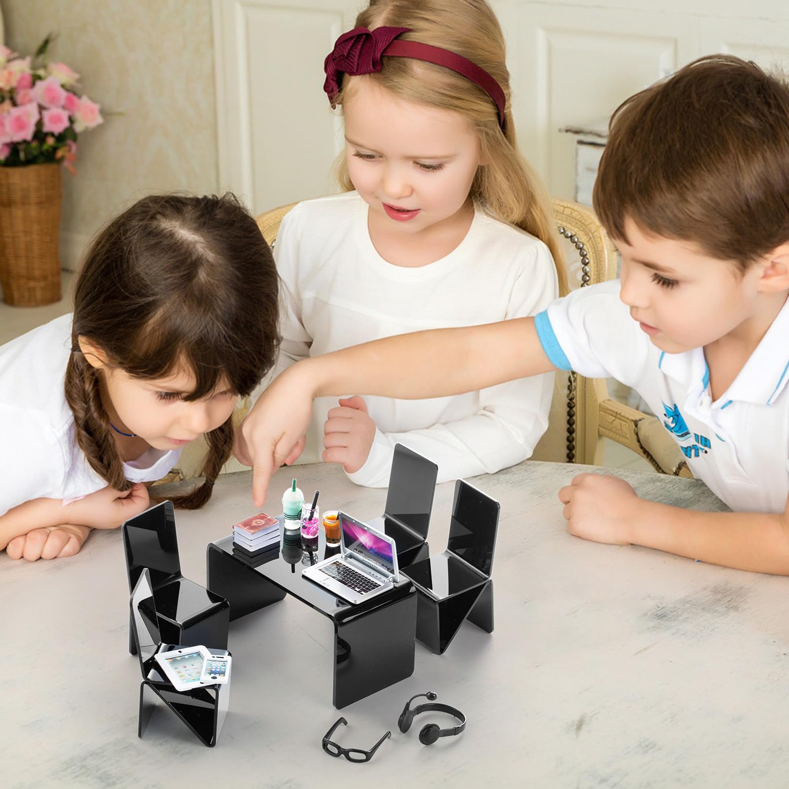 16Pcs Miniature Laptop Computer Tablet Toy Phone Pad with Coffee Juice Doll Accessories - 1/6 & 1/12 Scale Mini Chairs, Table, Glasses & Headset Playset for Girls - Perfect for Dollhouse Scenes & Smart Toy Simulation