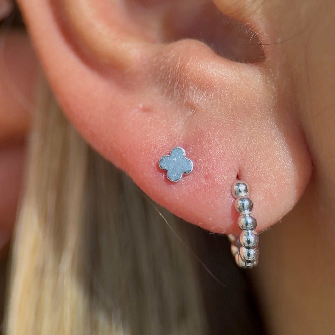 14K White Gold Clover Stud Earrings - Dainty & Elegant Flat Back Earrings for Women - Perfect for Everyday Wear, Parties & Gifts