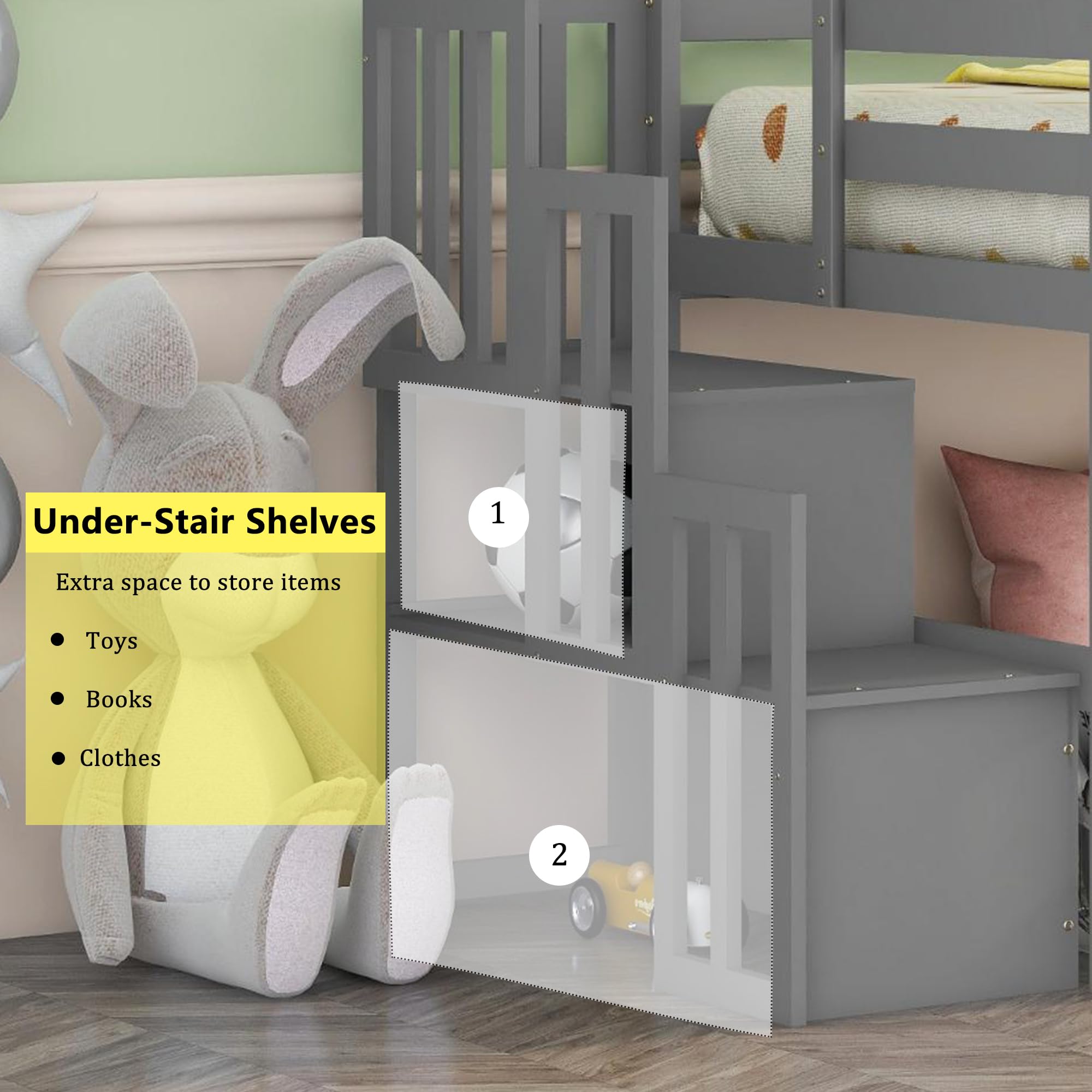 Bellemave Twin Size Low Loft Bed for Kids with Storage Staircase - Sturdy Wood Loft Bed Frame for Boys, Girls & Teens (Gray) - Perfect for Small Bedrooms, Dorm Rooms & Space-Saving Kids' Rooms