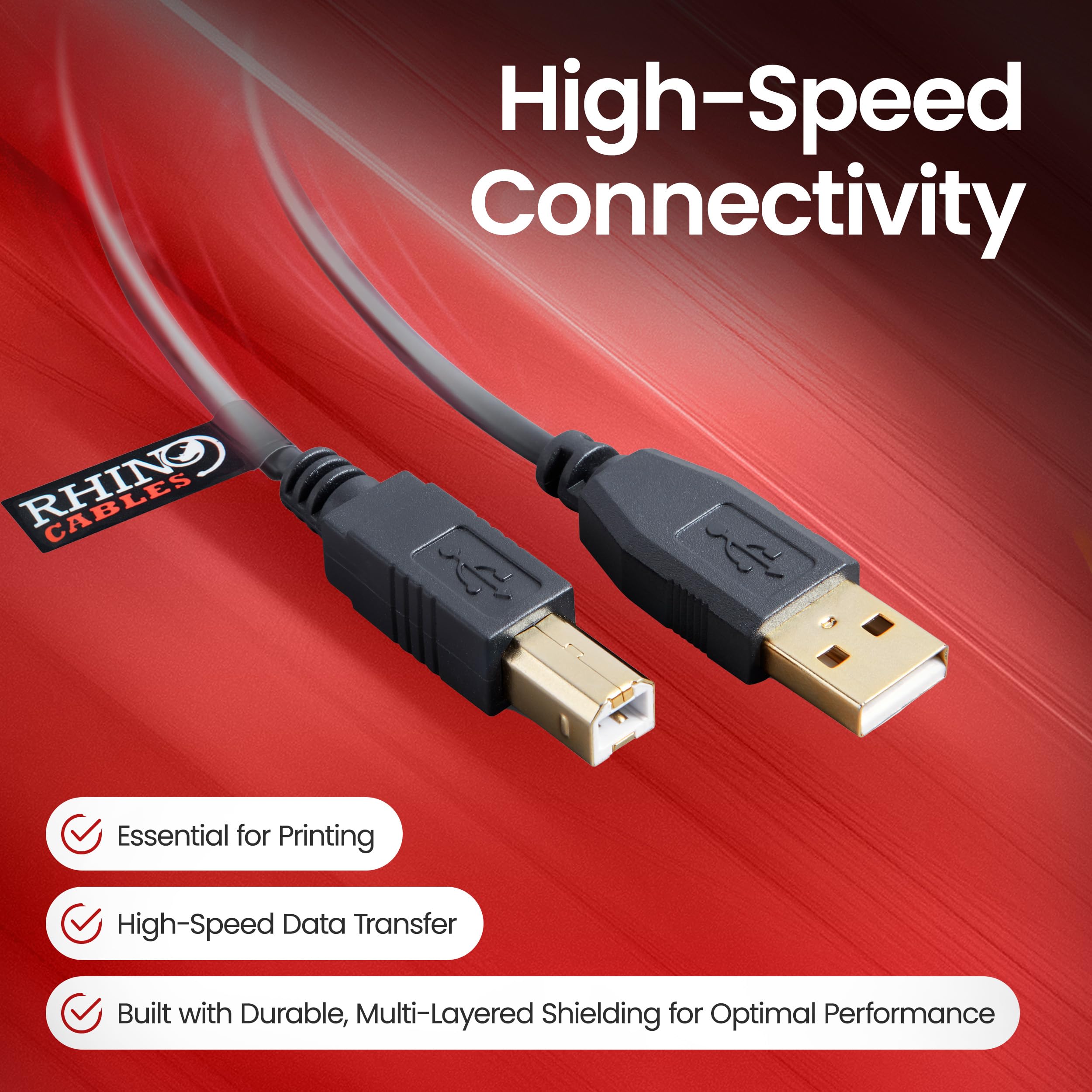 Rhinocables USB 2.0 Printer Cable 6ft - Gold-Plated Connectors, 480Mbps High-Speed Data Transfer, A Male to B Male for HP Epson Canon Brother Printers & External Hard Drives - Durable Multi-Shielded Black Cord for Home Office & Studio Use