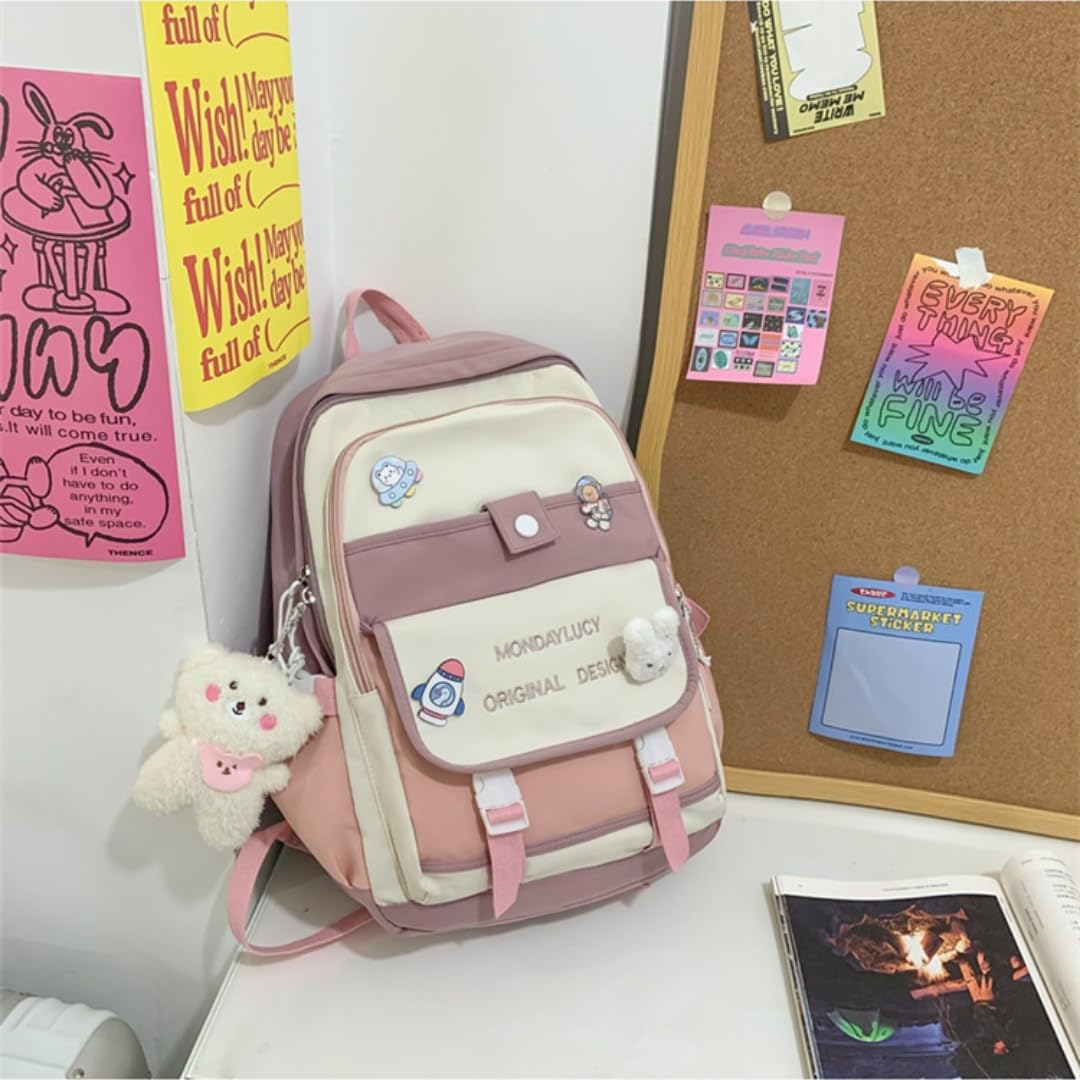 Kawaii Cute Backpack for School - Aesthetic Pink Backpack with Accessories | Girls' School Supplies, College, Travel & Everyday Use
