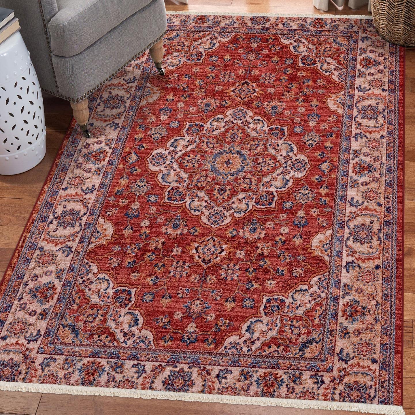 LUXE WEAVERS Belize Oriental Rose 8x10 Area Rug - Stain Resistant Fringe Carpet for Living Room, Bedroom & Dining Room Decor