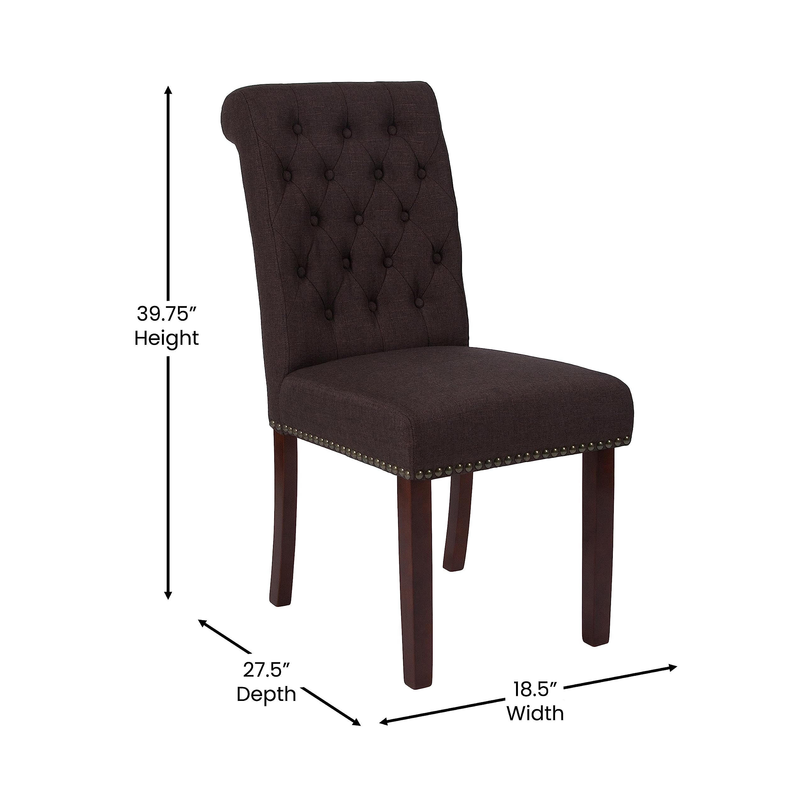 EMMA + OLIVER Brown Fabric Parsons Chair with Rolled Back & Nail Trim - Modern Dining Room Accent Chair for Kitchen, Office, and Living Room Decor