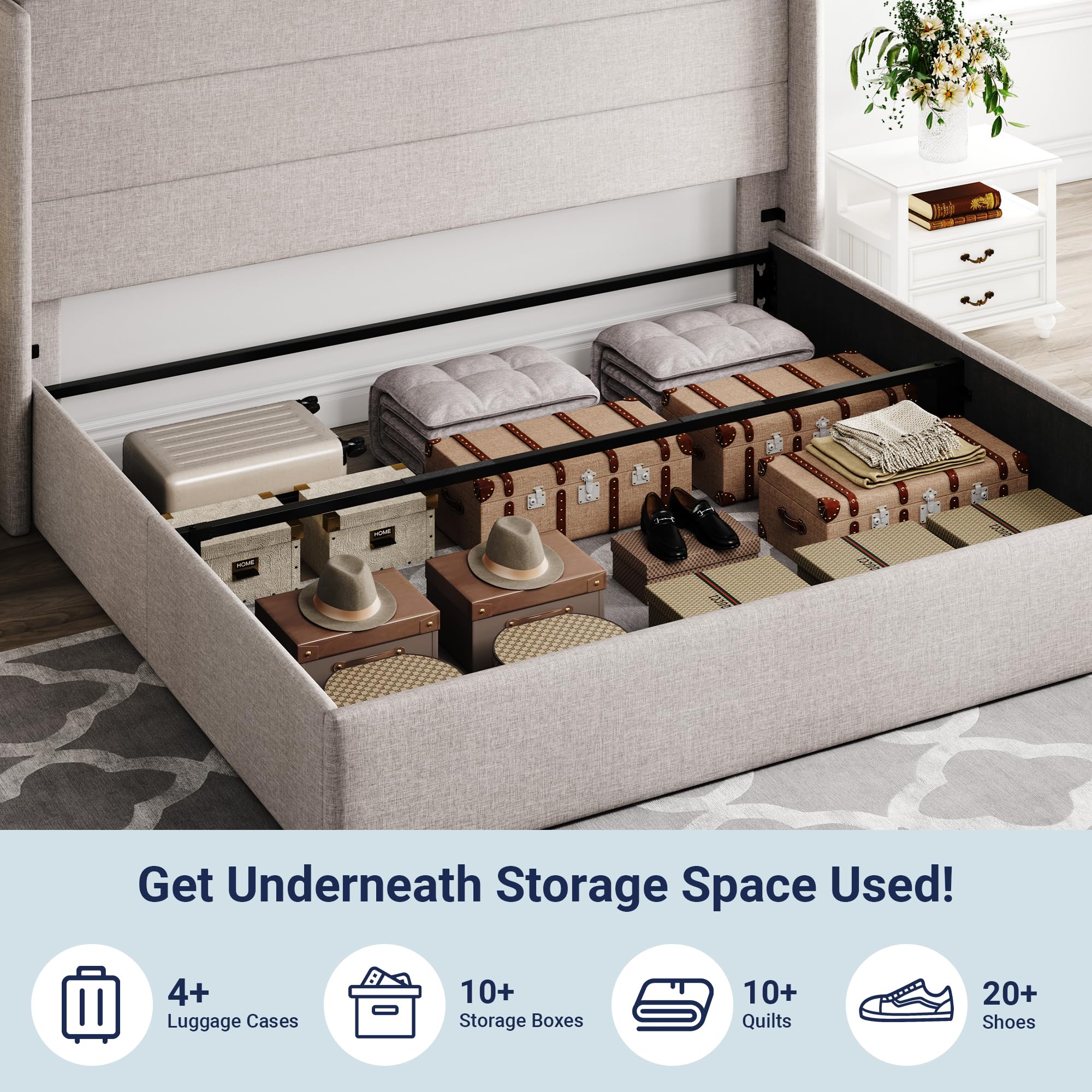 Allewie King Size Lift Up Storage Bed with Modern Wingback Headboard - Hydraulic Support, No Box Spring Needed, Light Beige - Perfect for Small Spaces & Bedroom Organization