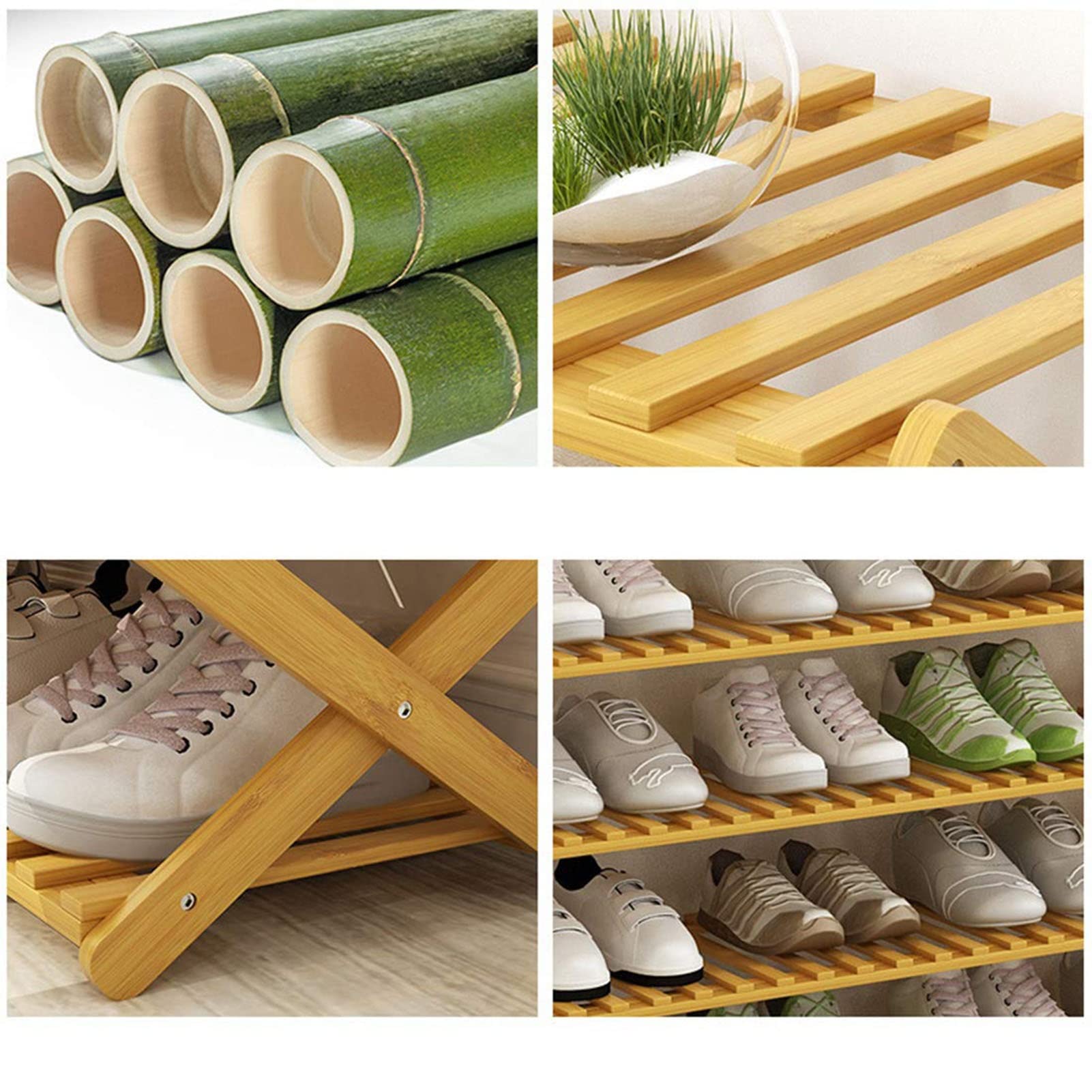 4-Tier Foldable Bamboo Shoe Rack & Luggage Storage Organizer - Space Saving Entryway Shelf for Shoes, Bags & Accessories - Perfect for Hallway, Bathroom, Living Room & Bedroom (80x25x69cm) - Ideal for Small Spaces & Clutter-Free Home Organization