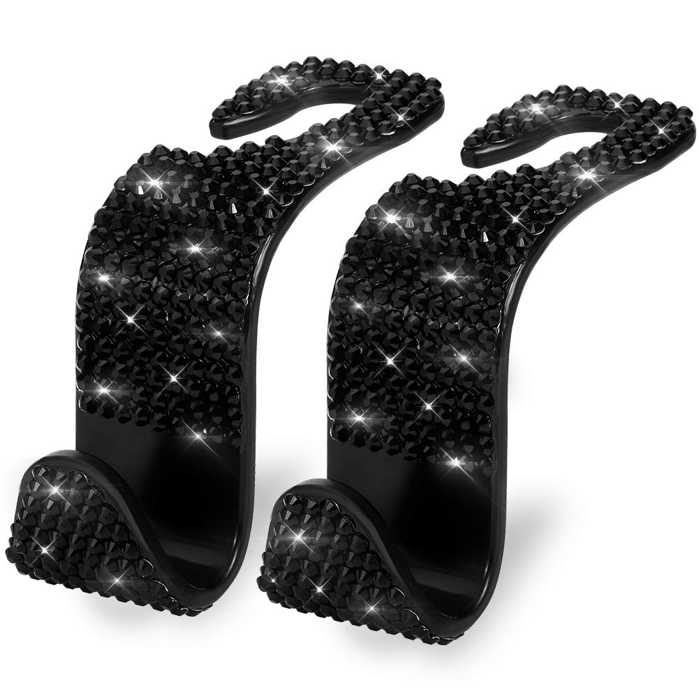 OTOSTAR 2 Pack Rhinestone Car Headrest Hooks - Universal Auto Seat Hangers for Vehicle Organization | Handmade Bling Accessories for Purse, Shopping Bags & Groceries (Black)