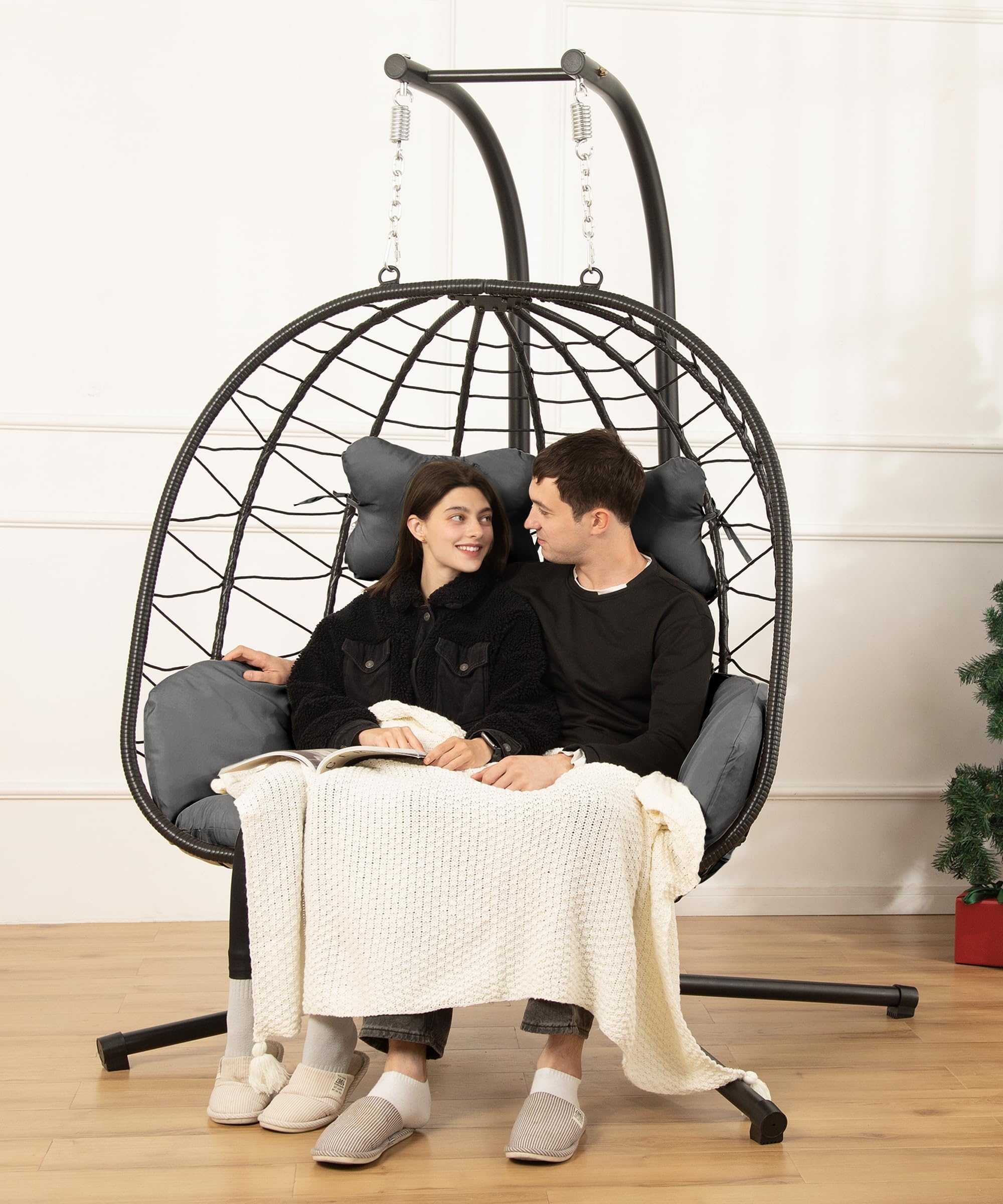 Double Egg Chair with Stand - Foldable Hammock Swing Chair with UV Resistant Removable Cushions, 700LBS Capacity - Perfect for Bedroom, Balcony, Garden, Patio & Backyard Relaxation (BK-GR)