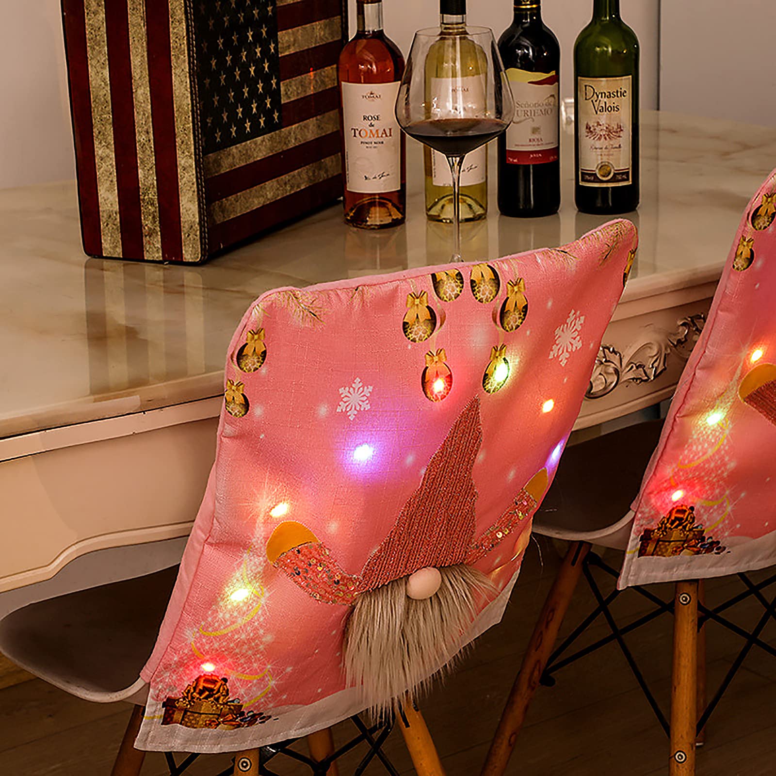 2 Pack Pink Gnome Christmas Chair Covers with LED Lights - Festive Dining Room Chair Slipcovers for Xmas Home Party Decorations | Perfect for Holiday Gatherings, Christmas Dinners & Winter Home Decor