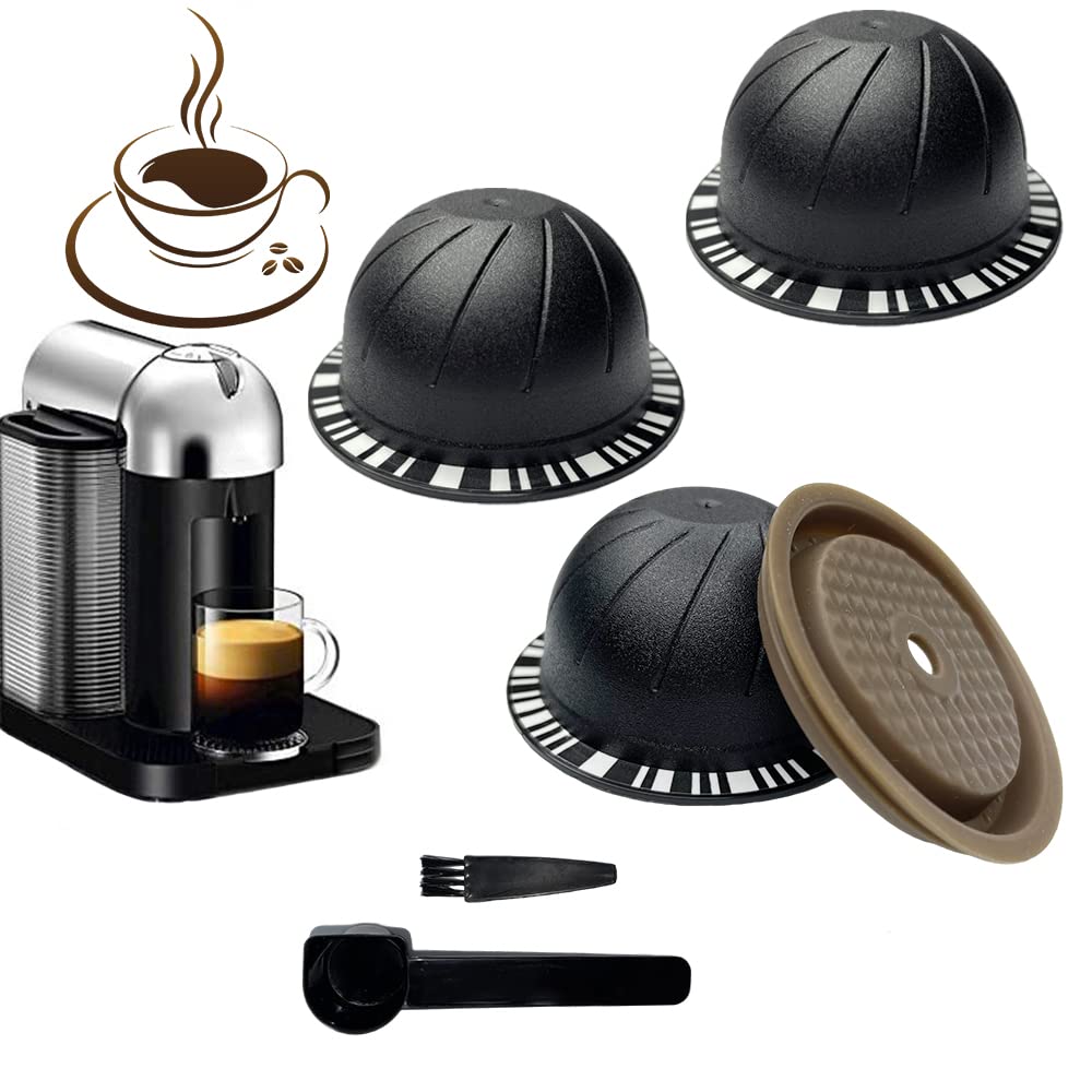 3-Pack Reusable Coffee Pods for Nespresso VertuoLine - Refillable Coffee Capsules Compatible with Vertuo Coffee Machines, Includes 1 Silicone Lid, Brush & Scoop - Perfect for Home, Office & Travel Use