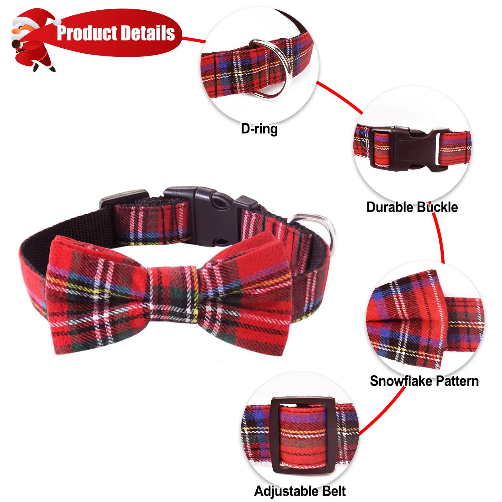 Malier Dog Collar with Bow Tie - Christmas Classic Plaid Snowflake Pet Collar for Small Medium Large Dogs & Cats (Scotland Red Plaid, Small) | Perfect for Holiday Photos & Winter Walks