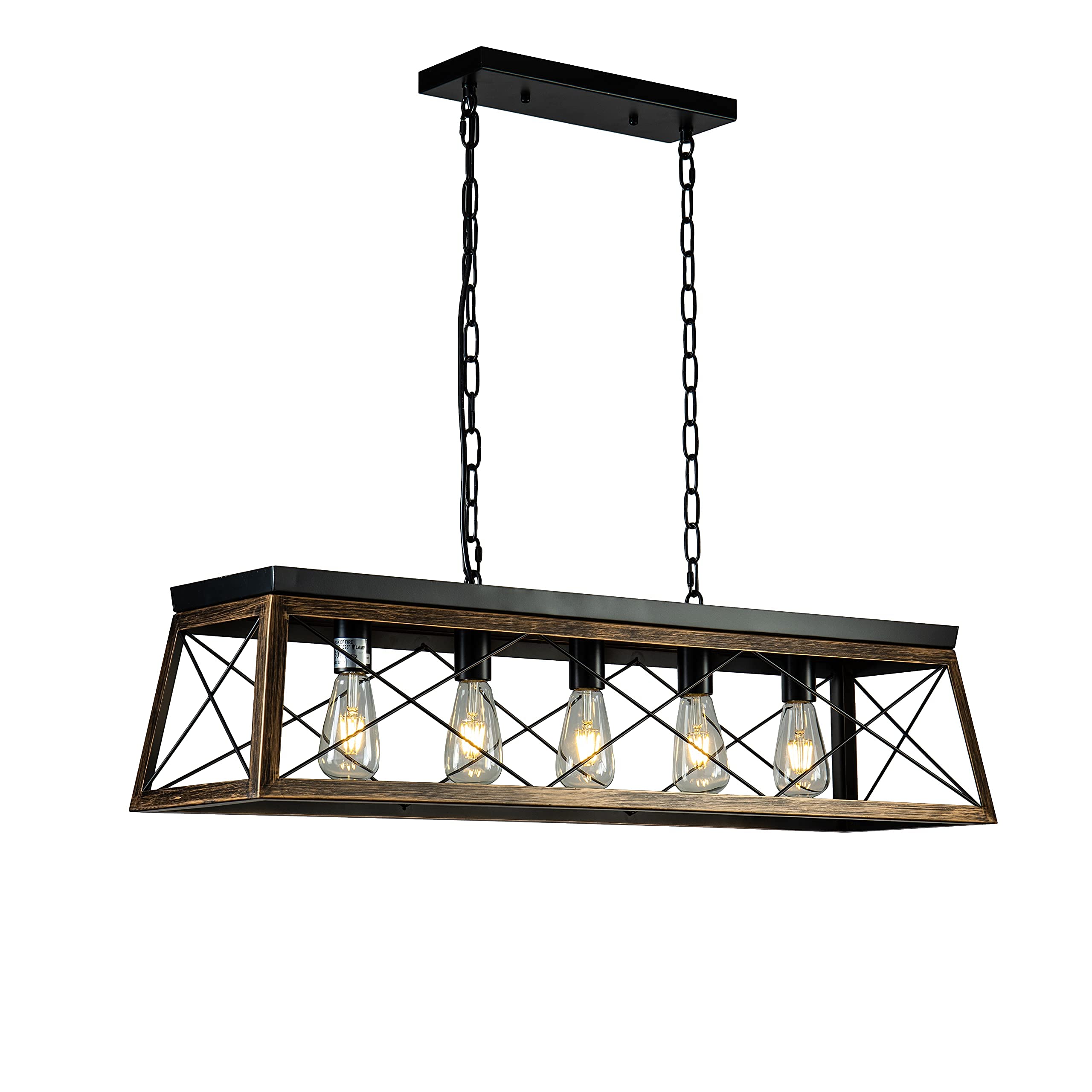 Modern Farmhouse 5-Light Rectangular Chandelier - Rustic Solid Wood Dining Room Pendant Light - Matte Black Industrial Geometric Kitchen Island Lighting - Perfect for Farmhouse, Dining Table, and Kitchen Decor