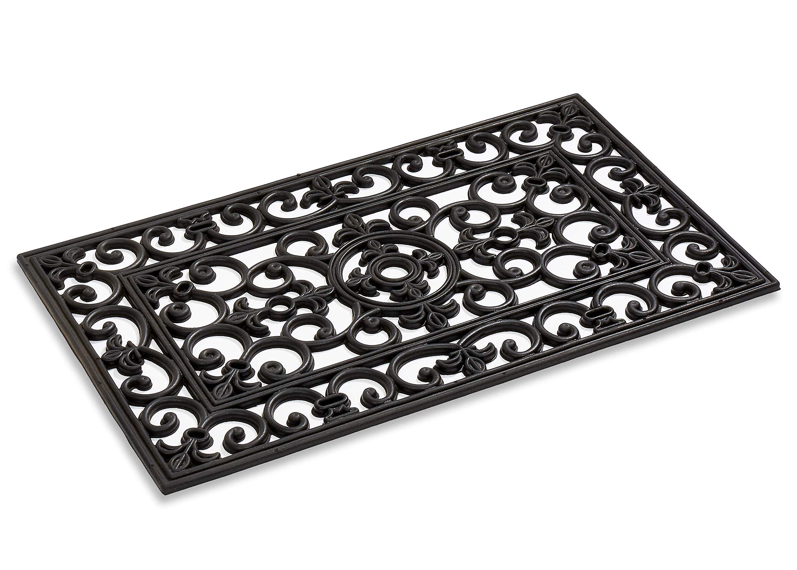 Kempf Rubber Scroll Doormat 18x30 Inches - Black Wrought Iron Design Indoor/Outdoor Entrance Mat - Perfect for Front Door, Patio, Deck & Mudroom Use