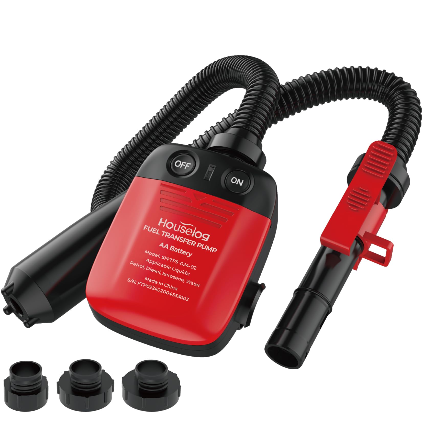 Automatic Fuel Transfer Pump with Auto-Stop Sensor (2.4 GPM) - AA Battery Powered Portable Gasoline & Diesel Pump with 3 Adapters - Ideal for Gas, Diesel, Kerosene Transfer - Perfect for Emergency Fueling, Farm Equipment, Marine Use & RV Maintenance (Batteries Not Included)
